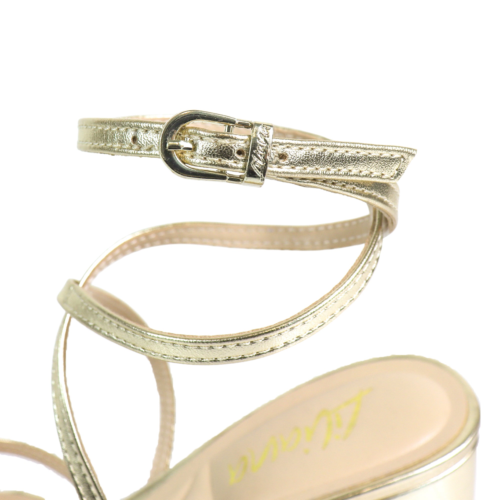 SANSANA-2 ALMOND OPEN TOE ANKLE STRAP W/ MID HIGH HEEL GOLD