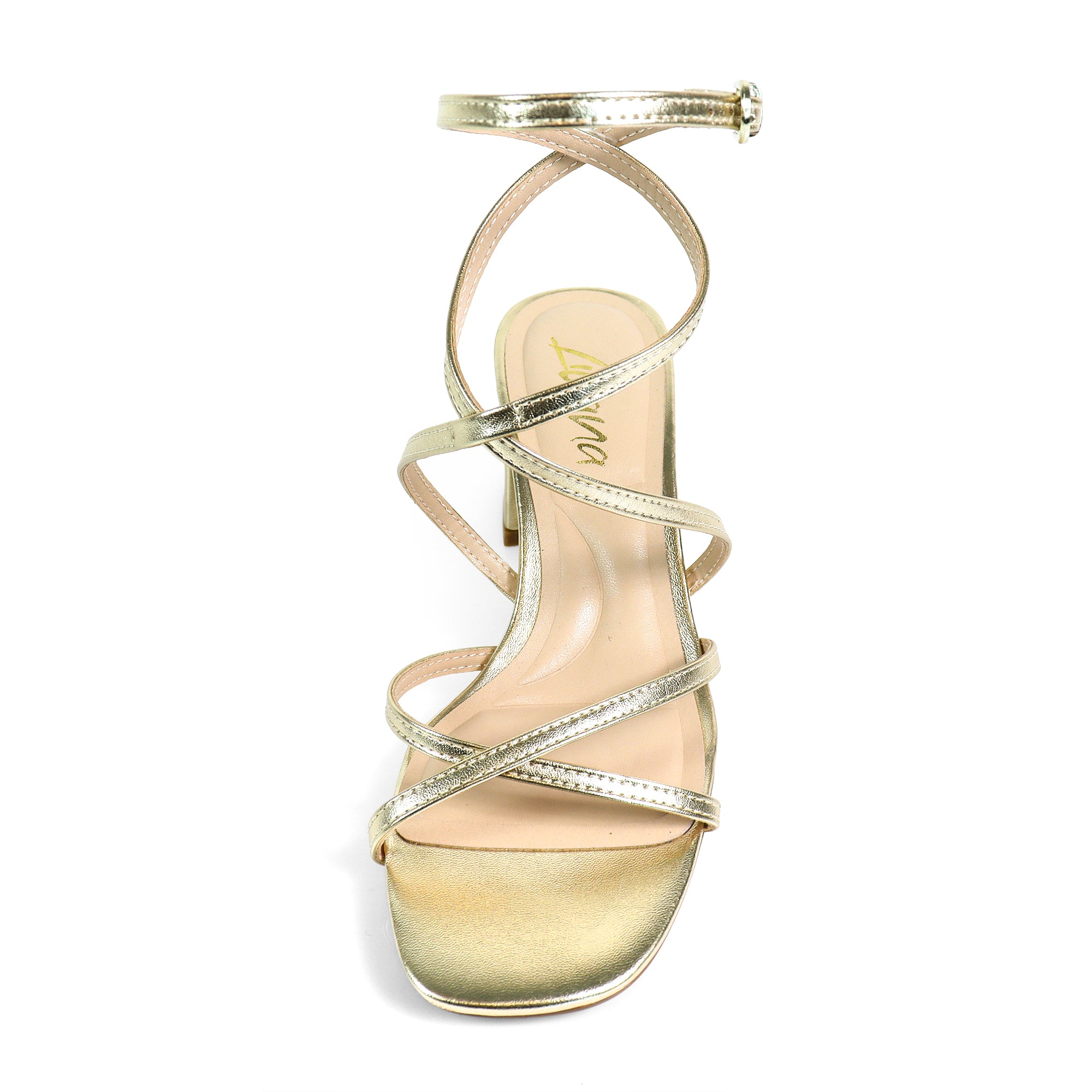 SANSANA-2 ALMOND OPEN TOE ANKLE STRAP W/ MID HIGH HEEL GOLD