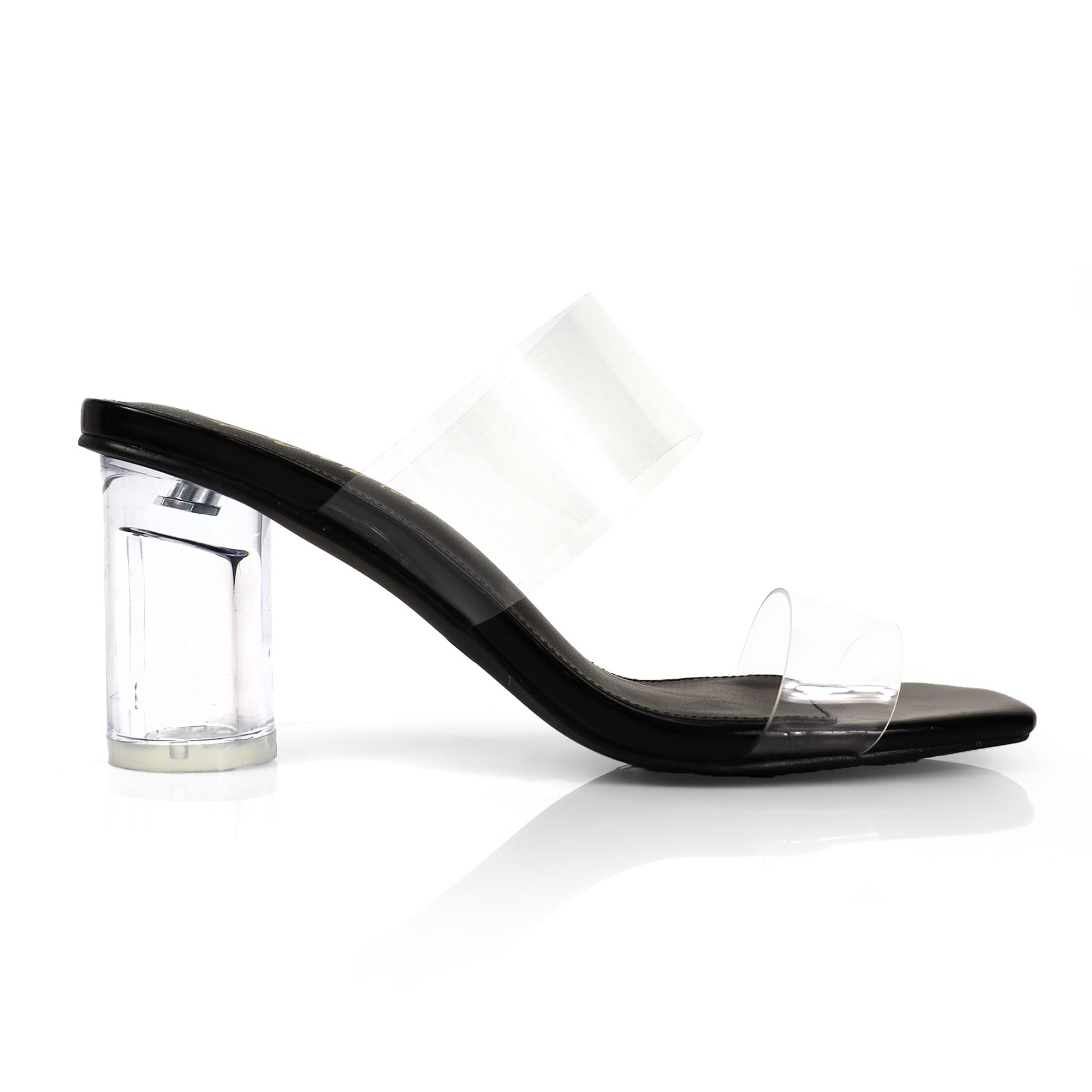 SARAH-1 SQUARED TOE TWO STRAP TRANSPATRENT W/ CLEAR HEEL BLACK