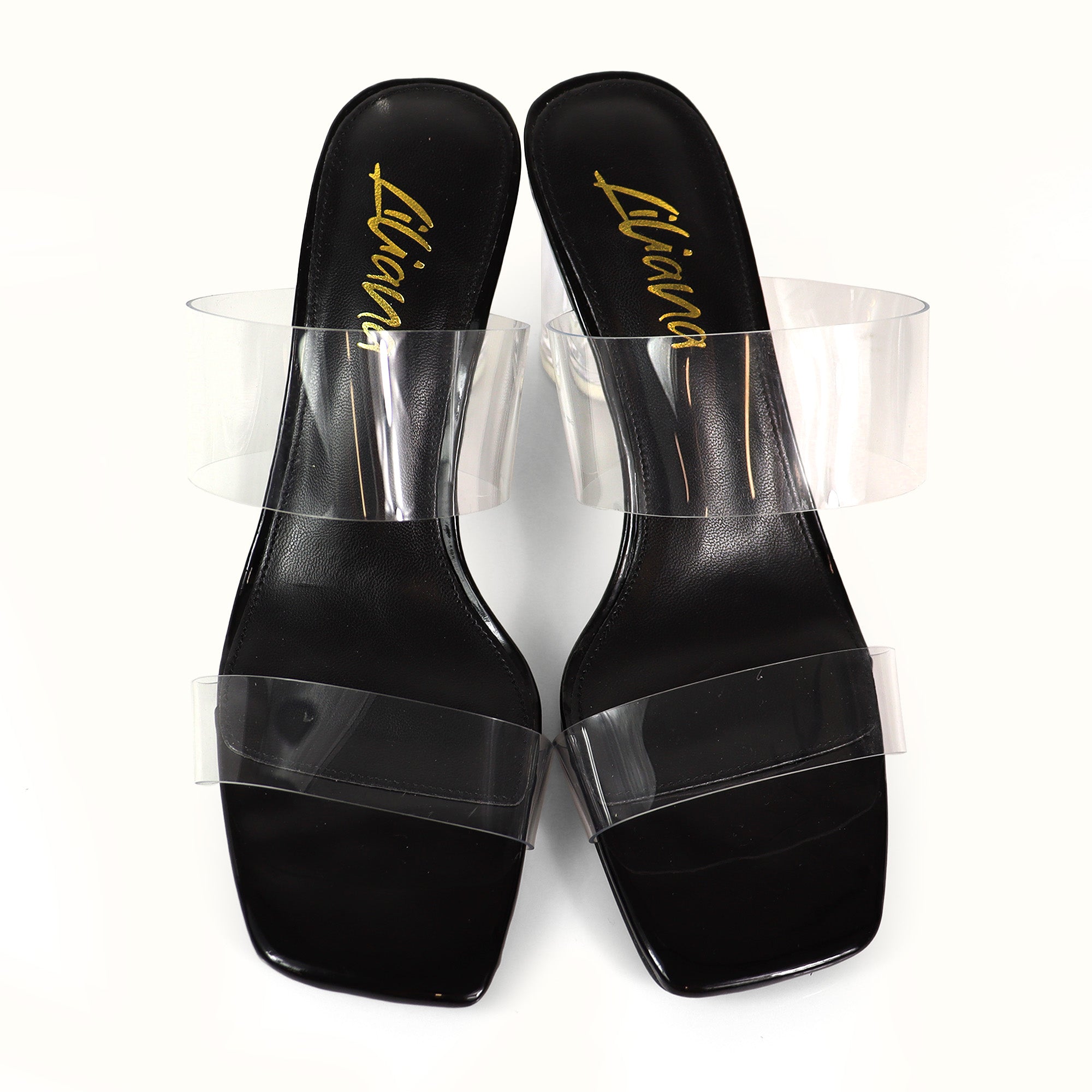 SARAH-1 SQUARED TOE TWO STRAP TRANSPATRENT W/ CLEAR HEEL BLACK