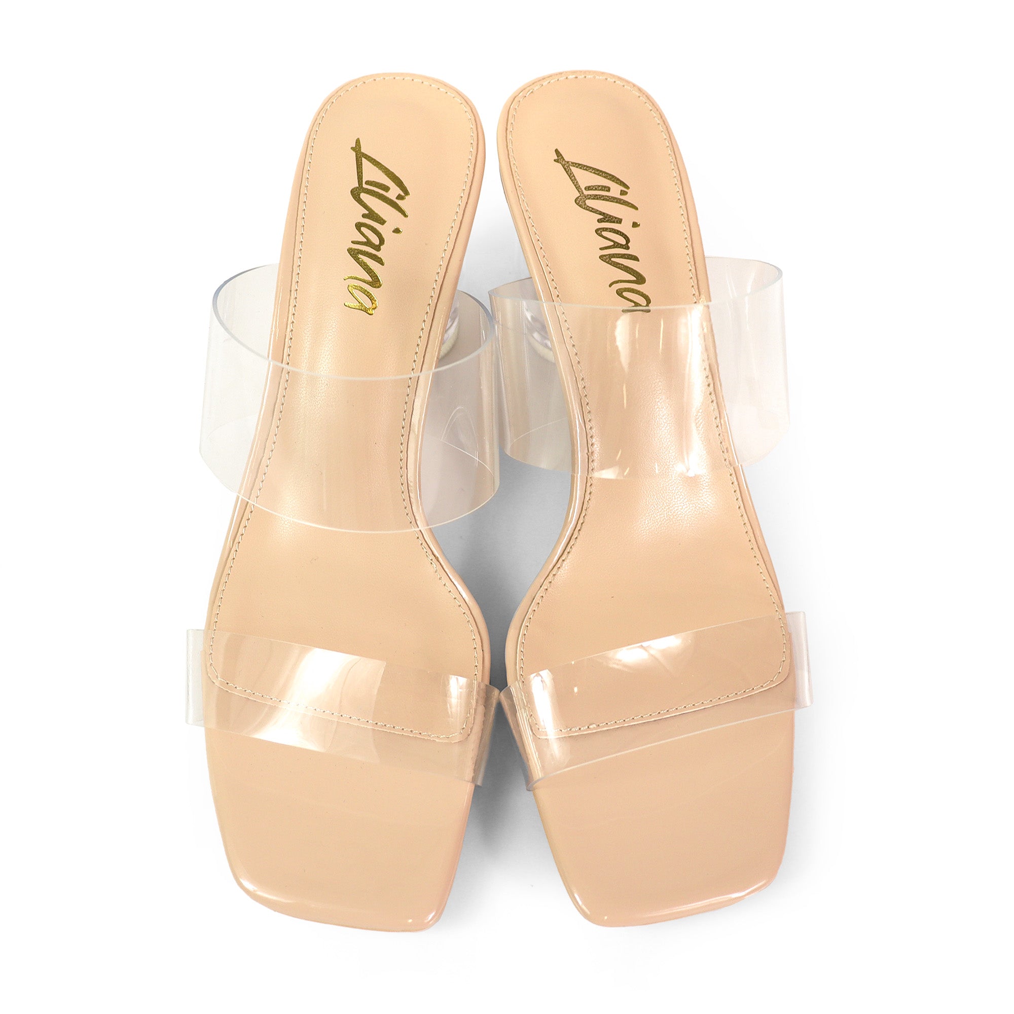 SARAH-1 SQUARED TOE TWO STRAP TRANSPATRENT W/ CLEAR HEEL NUDE
