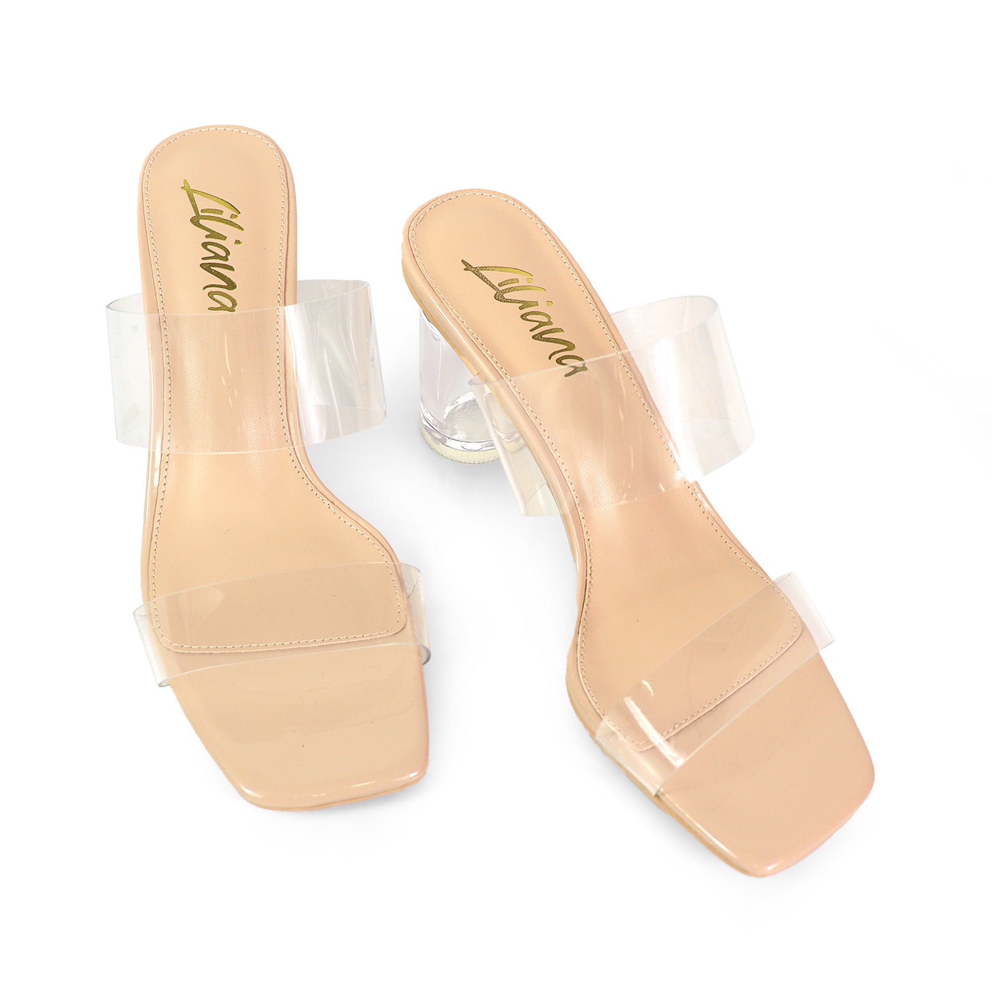SARAH-1 SQUARED TOE TWO STRAP TRANSPATRENT W/ CLEAR HEEL NUDE