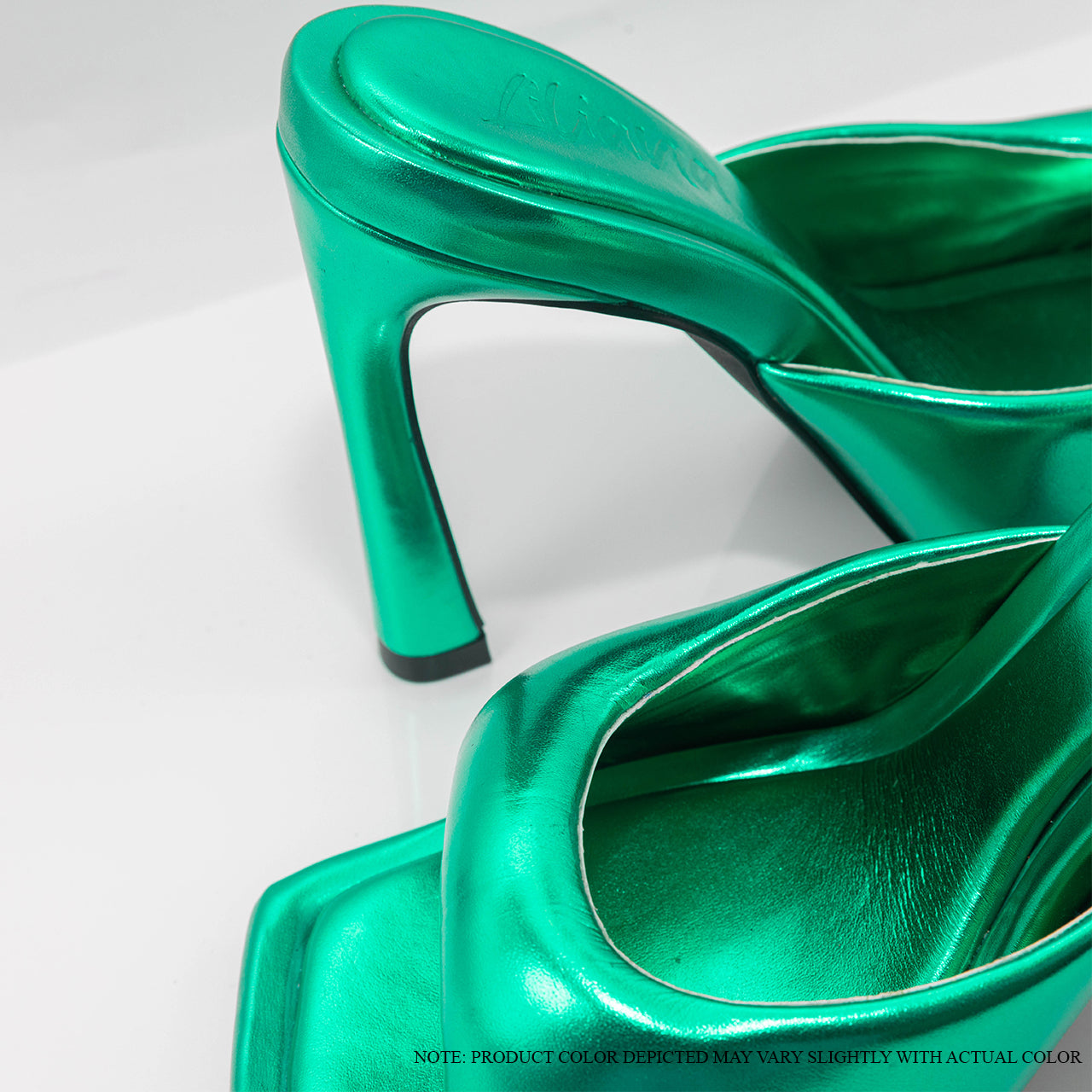 SASHA-7 PUFFY METALLIC-FINISH HEEL MULES-METALLIC GREEN