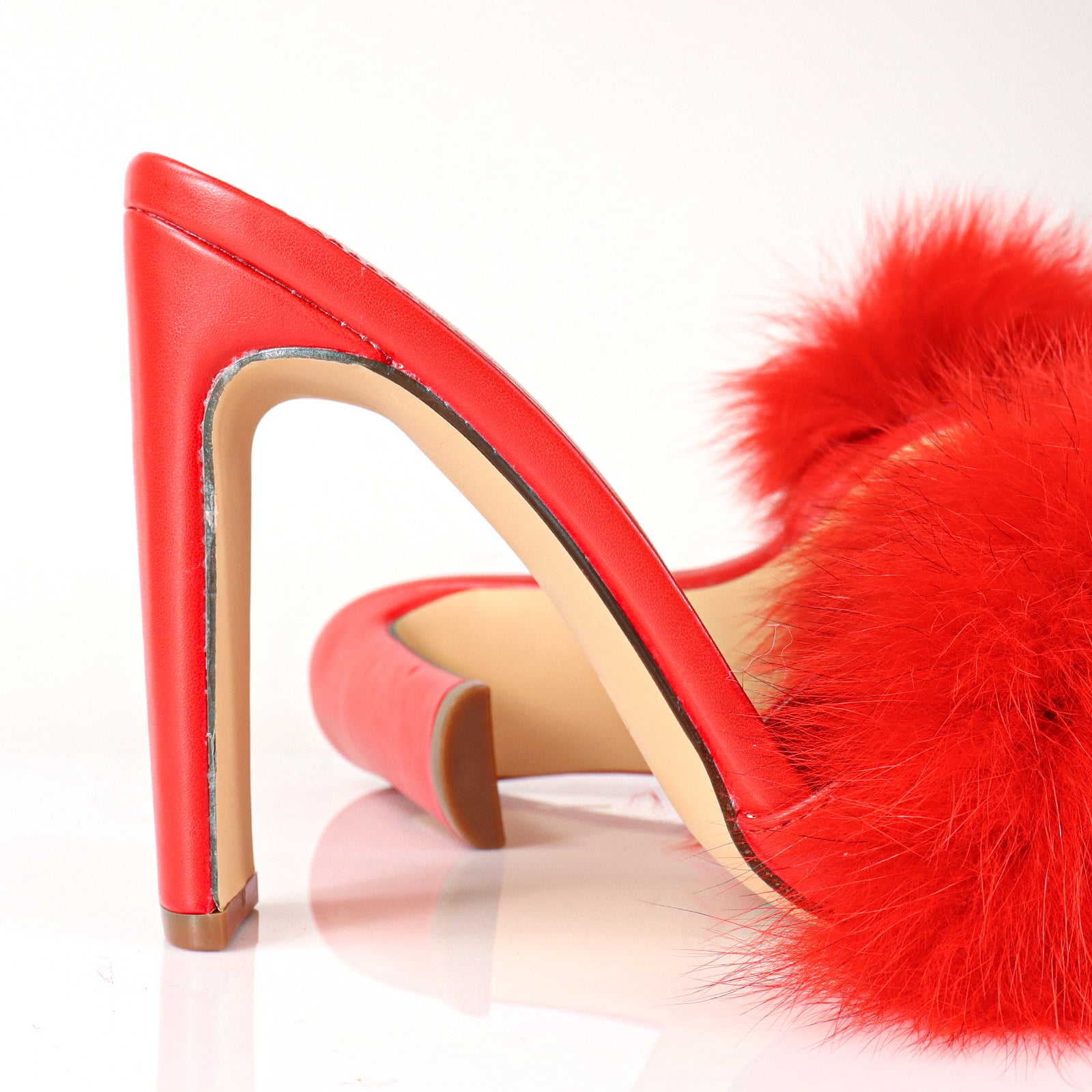 SAUCY-1 CLEAR TOE W/ FEATHER & CLEAR CHUNKY HEEL RED