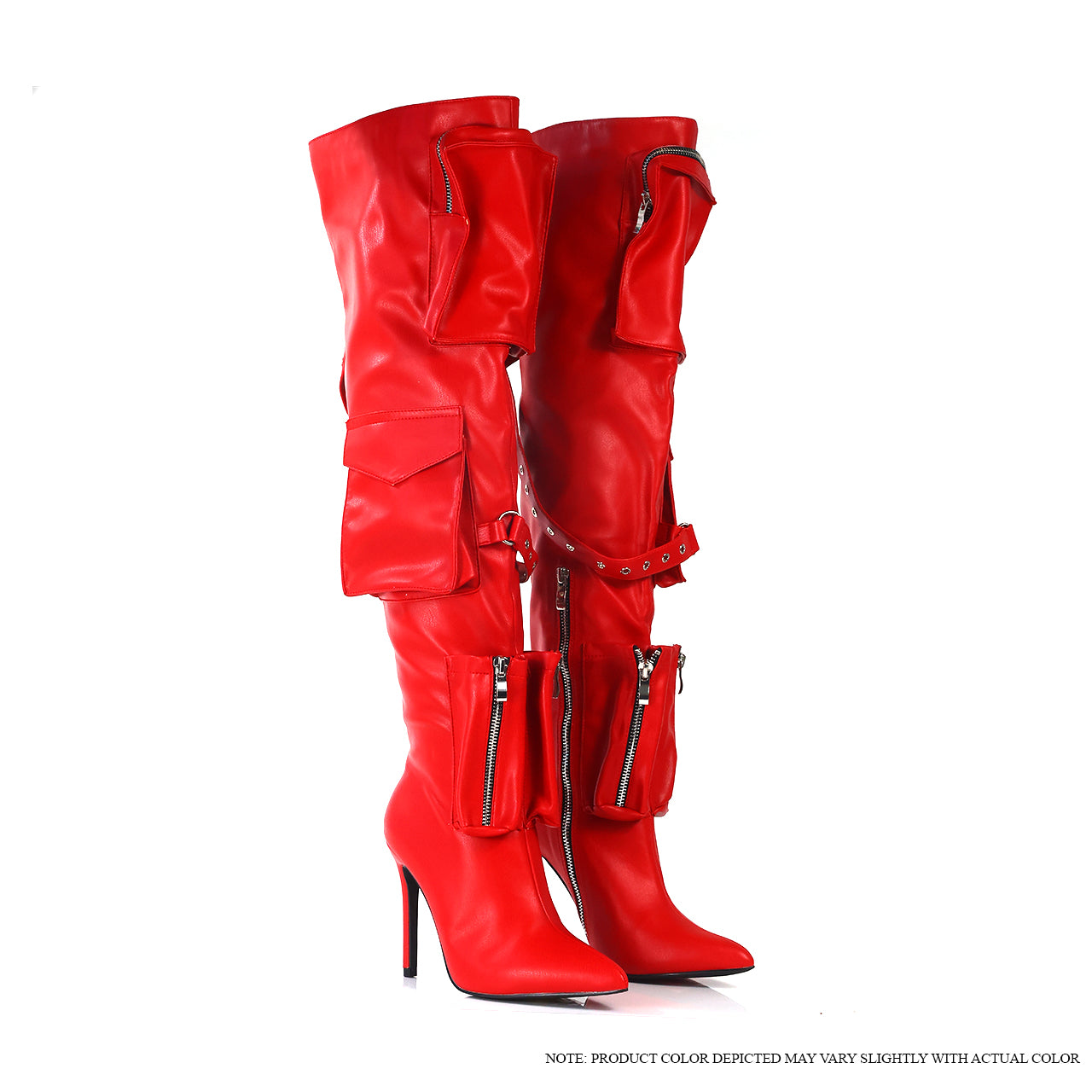 SCANDALOUS-29 OVER KNEE POCKET HEEL BOOTS - RED