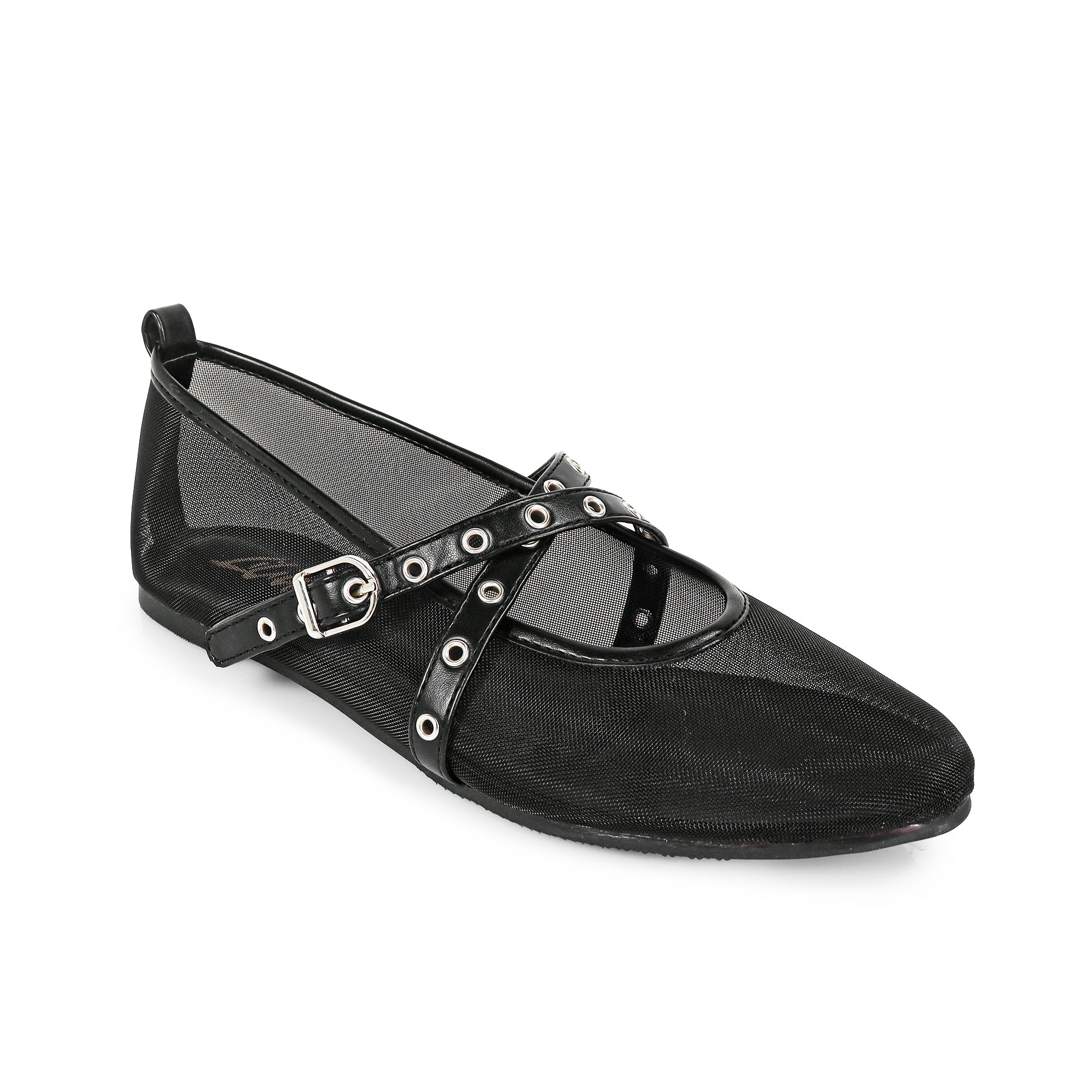 SHANA-2 CRISS CROSS EYELET STRAP BALLERINA NET FLAT BLACK