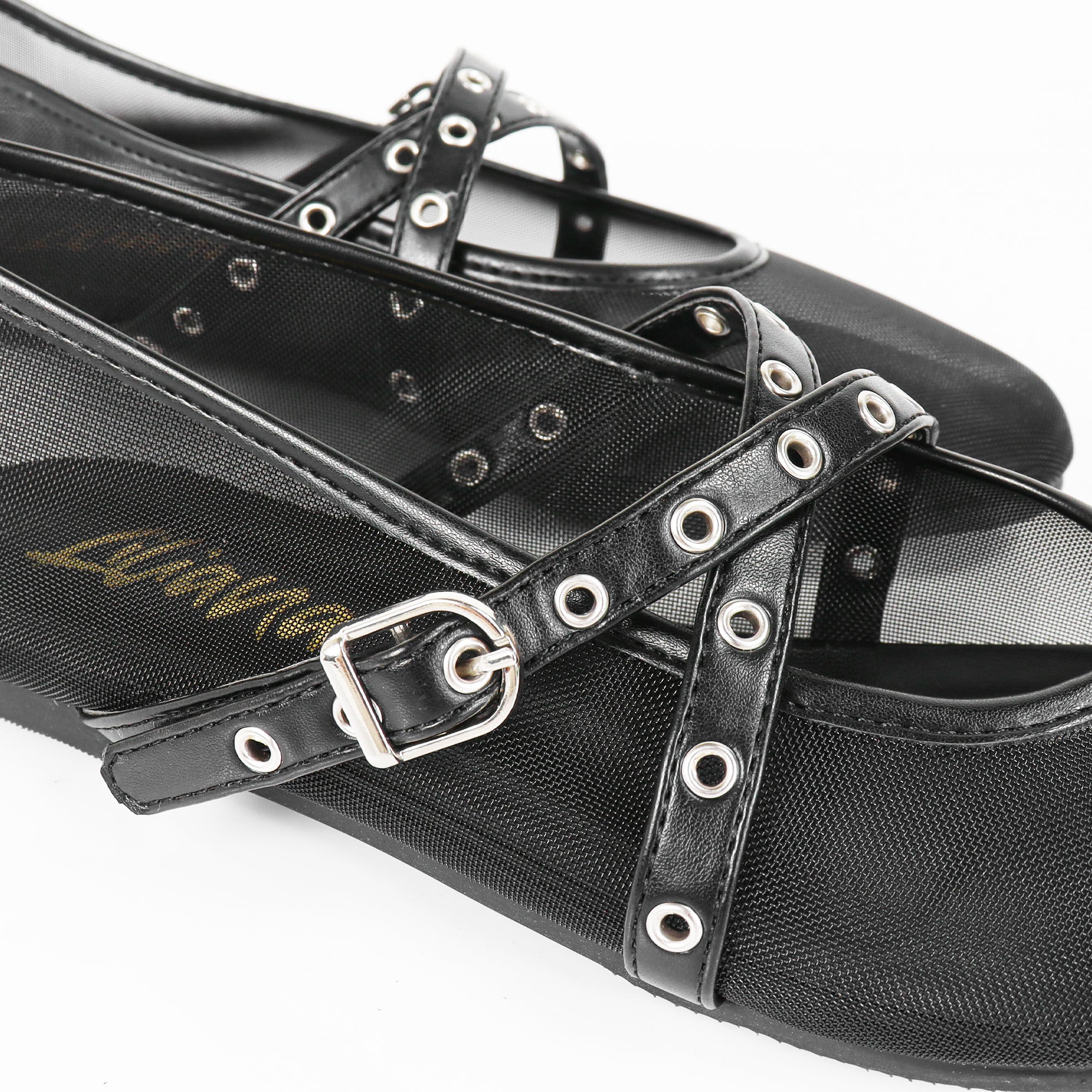 SHANA-2 CRISS CROSS EYELET STRAP BALLERINA NET FLAT BLACK