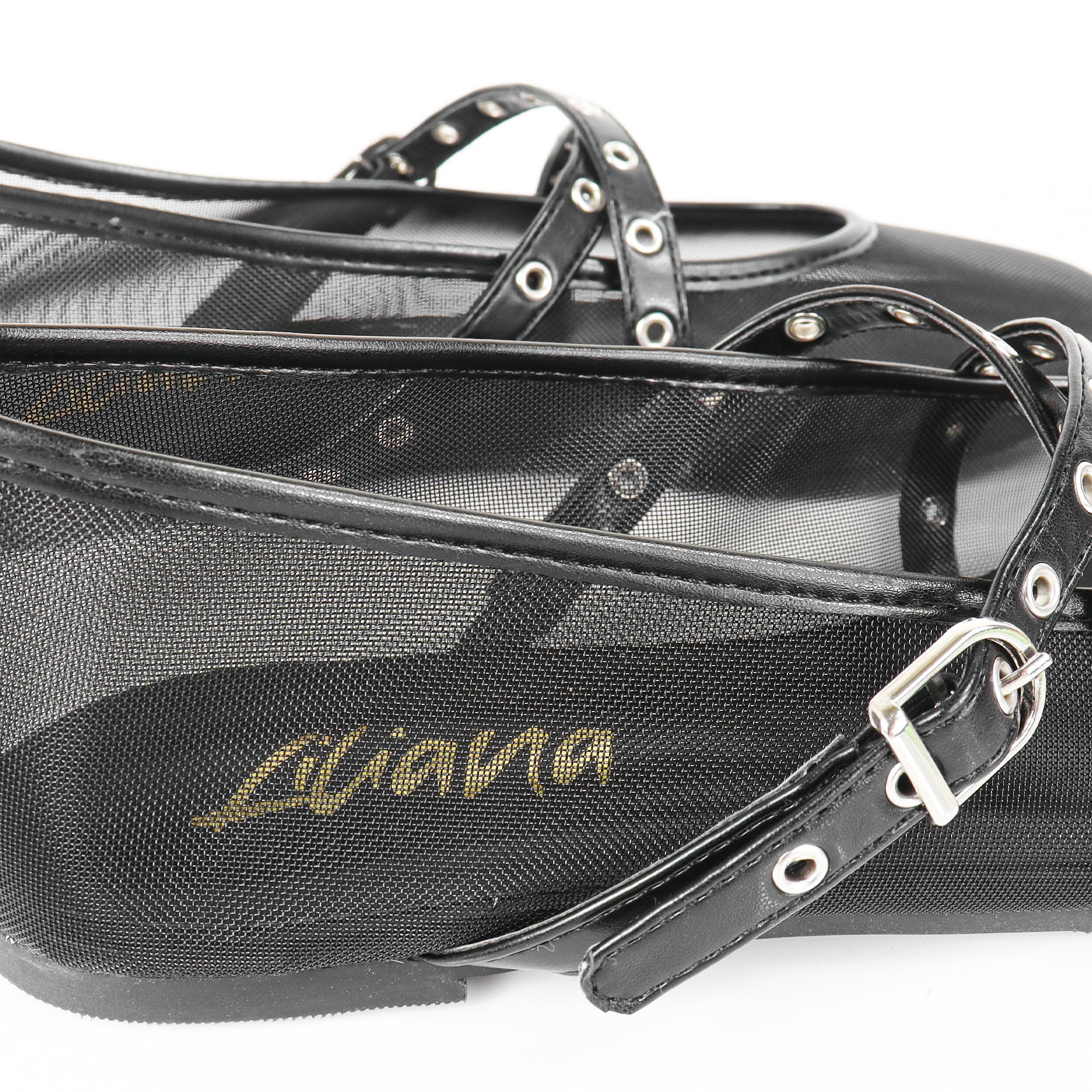 SHANA-2 CRISS CROSS EYELET STRAP BALLERINA NET FLAT BLACK