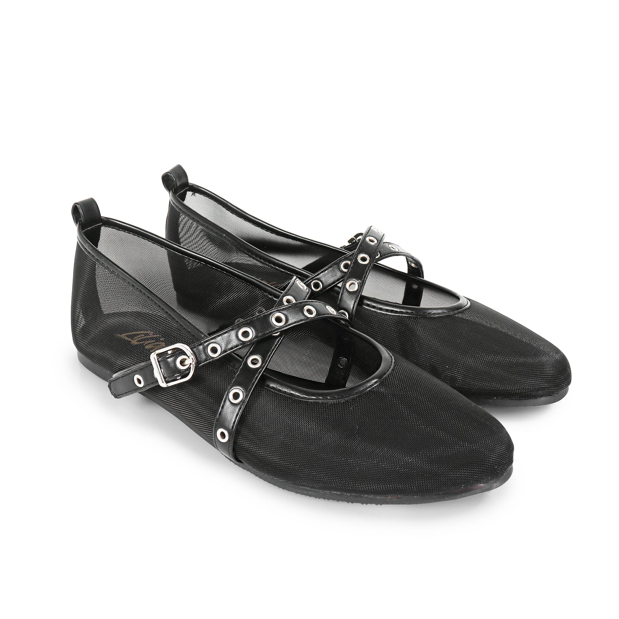 SHANA-2 CRISS CROSS EYELET STRAP BALLERINA NET FLAT BLACK