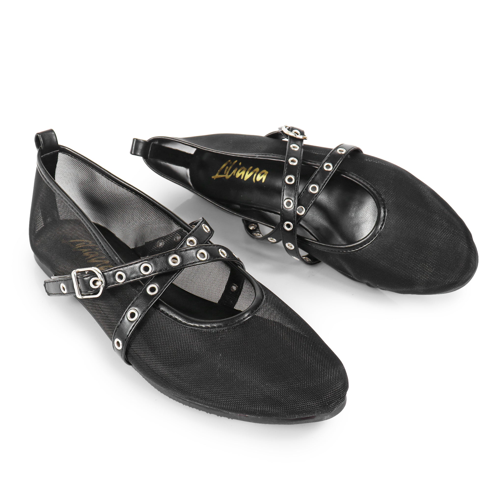 SHANA-2 CRISS CROSS EYELET STRAP BALLERINA NET FLAT BLACK
