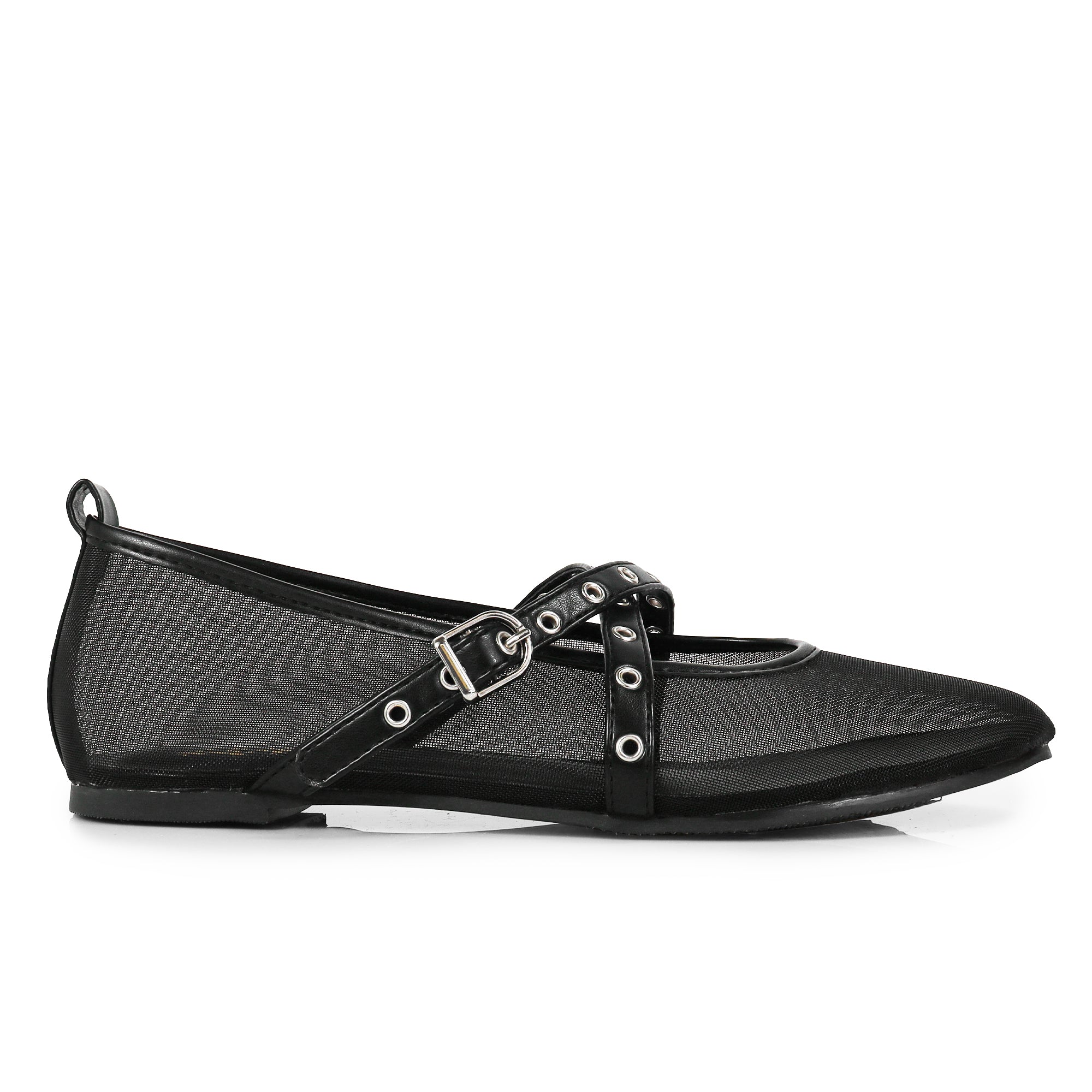 SHANA-2 CRISS CROSS EYELET STRAP BALLERINA NET FLAT BLACK