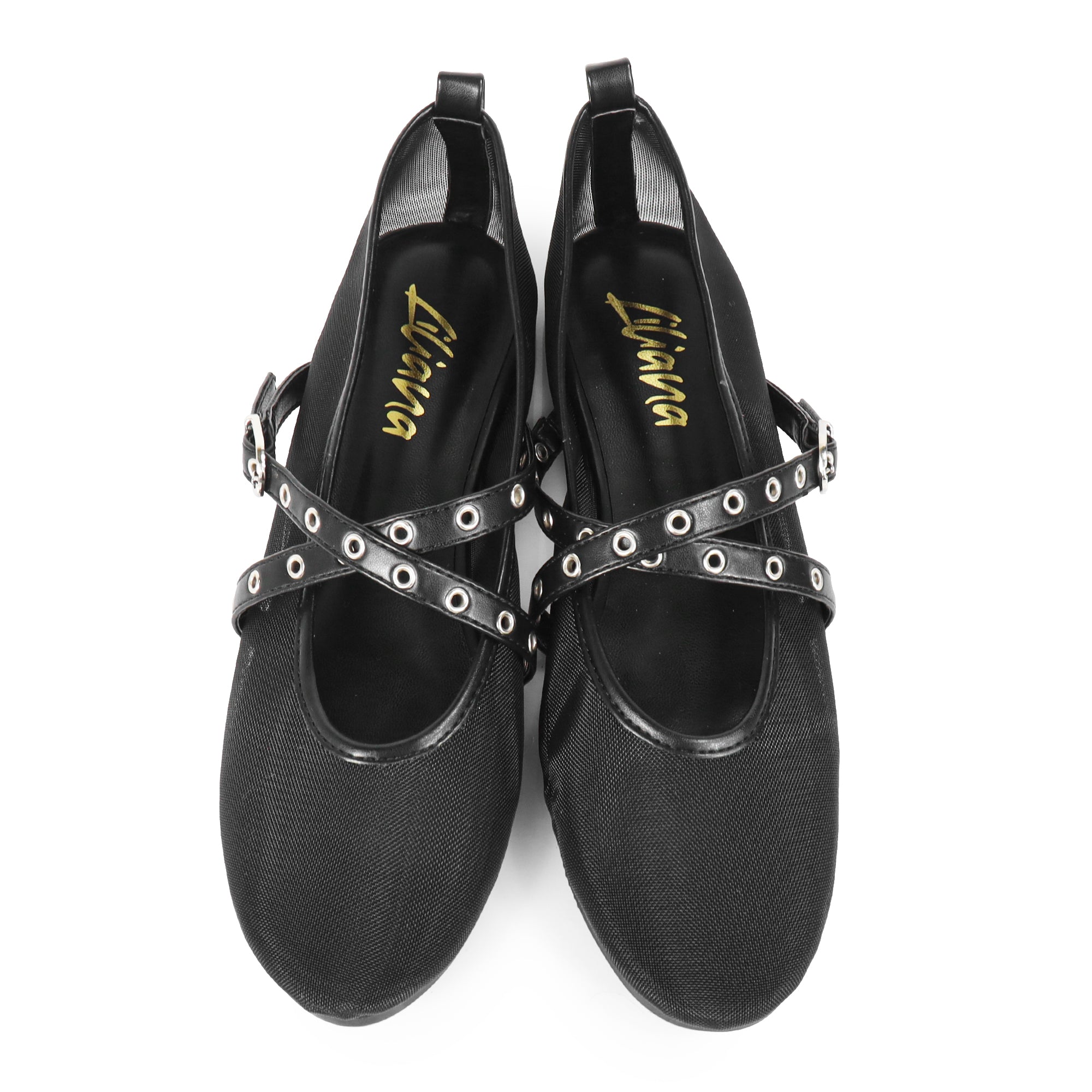 SHANA-2 CRISS CROSS EYELET STRAP BALLERINA NET FLAT BLACK