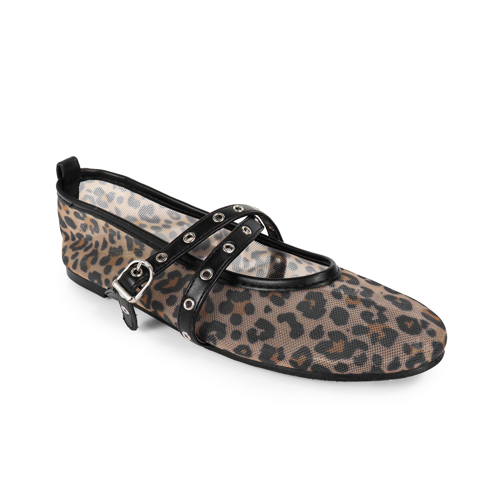 SHANA-2 CRISS CROSS EYELET STRAP BALLERINA NET FLAT LEOPARD