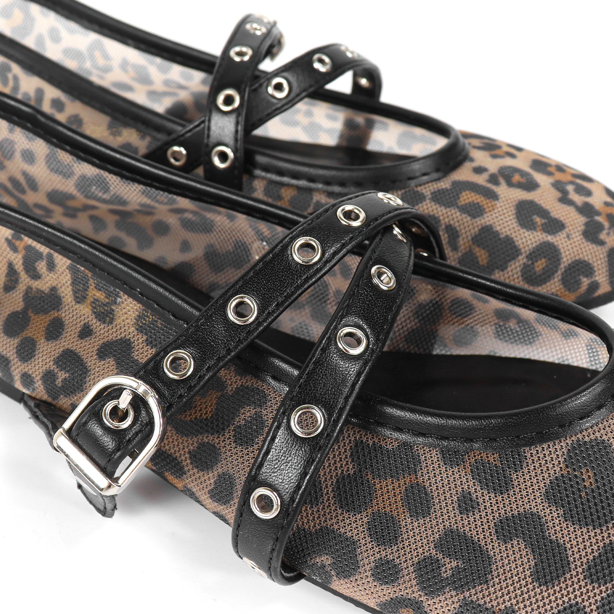 SHANA-2 CRISS CROSS EYELET STRAP BALLERINA NET FLAT LEOPARD