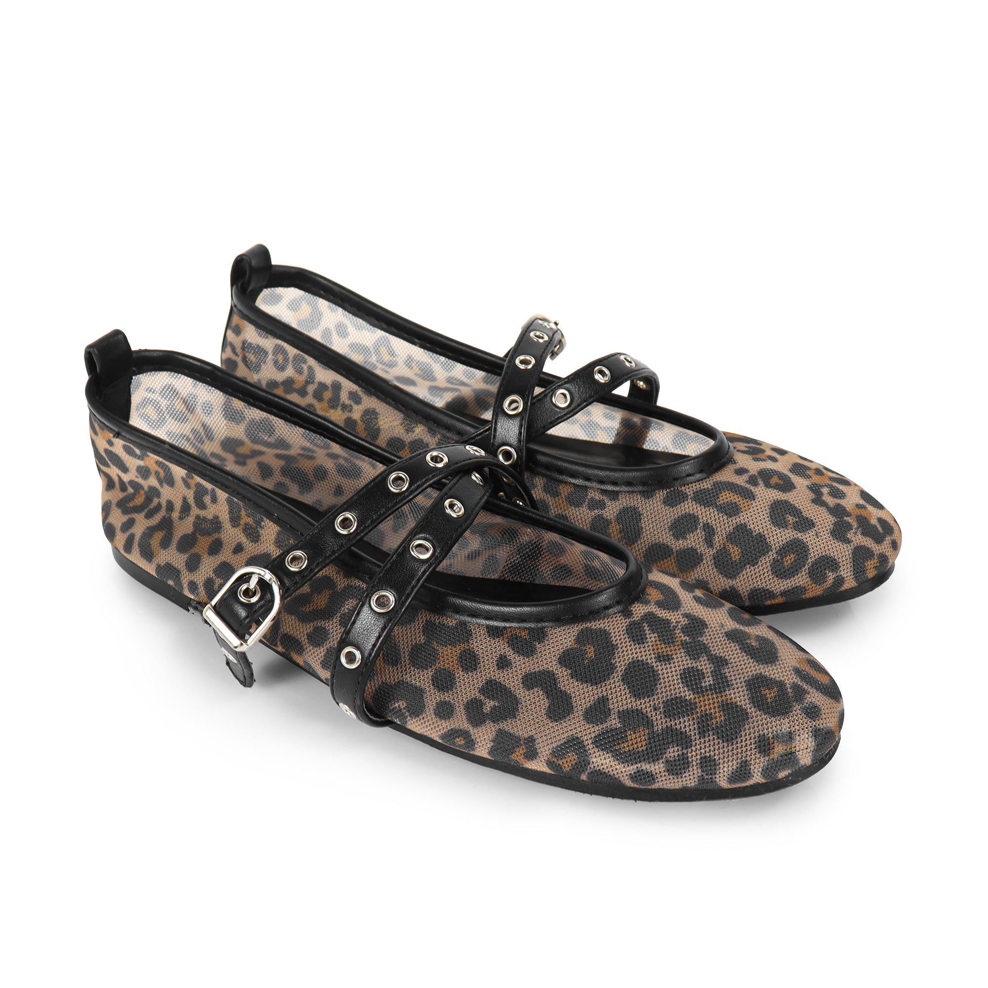 SHANA-2 CRISS CROSS EYELET STRAP BALLERINA NET FLAT LEOPARD