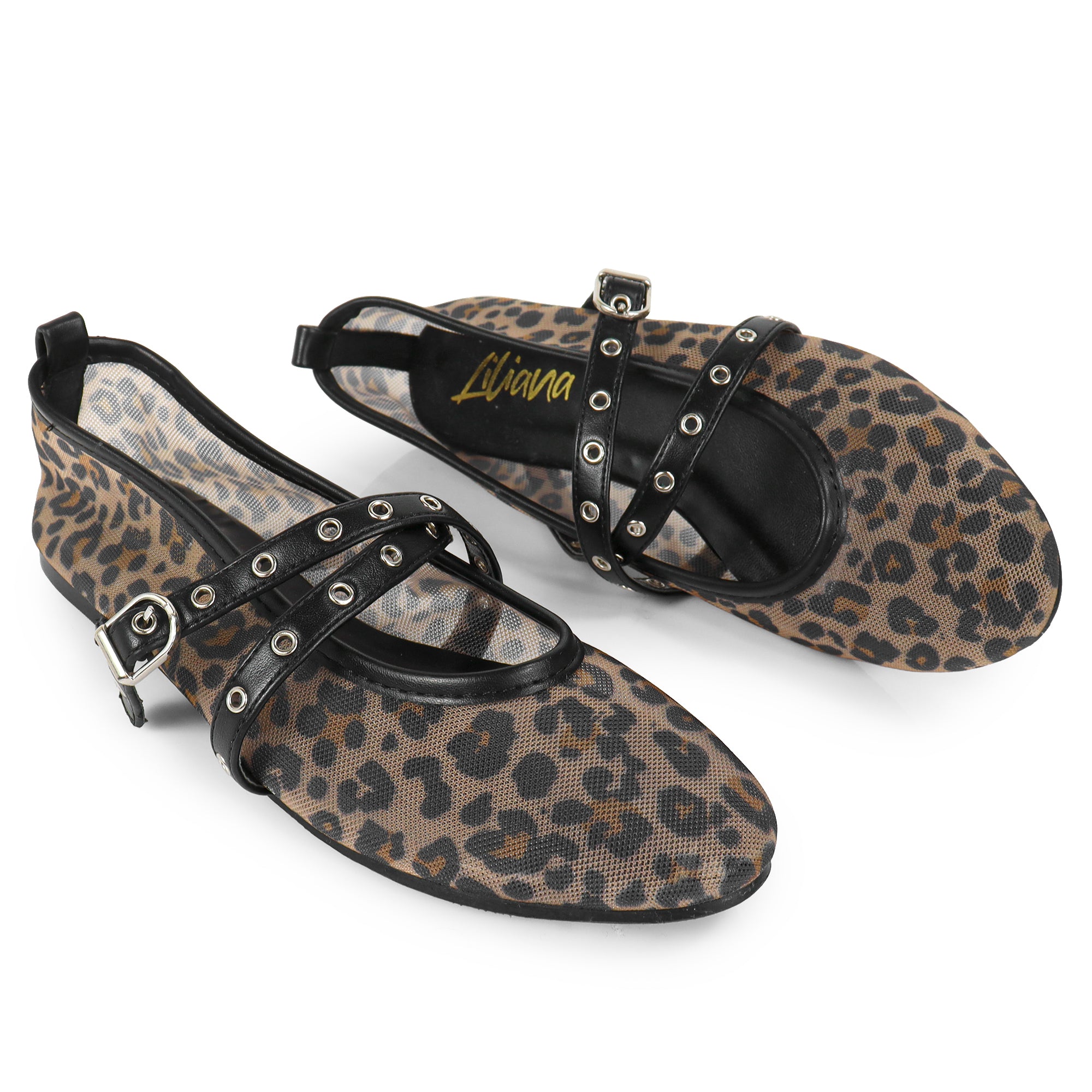 SHANA-2 CRISS CROSS EYELET STRAP BALLERINA NET FLAT LEOPARD