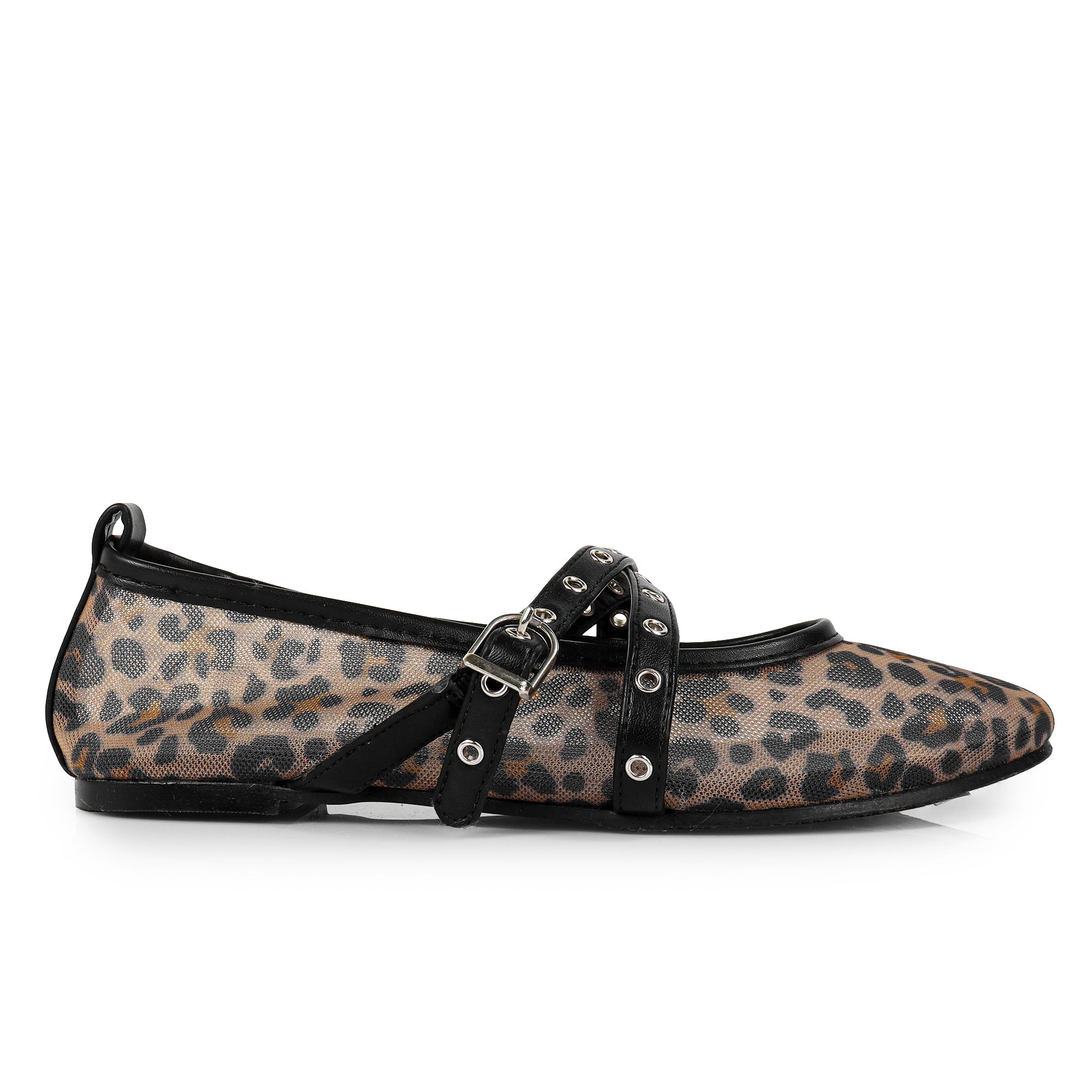 SHANA-2 CRISS CROSS EYELET STRAP BALLERINA NET FLAT LEOPARD