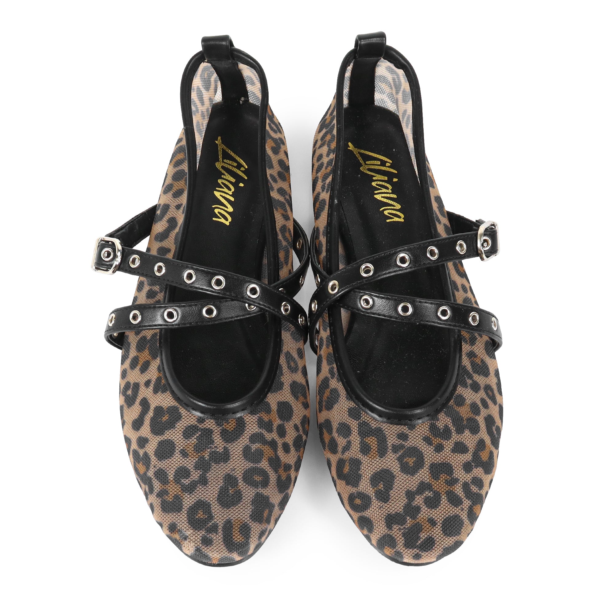 SHANA-2 CRISS CROSS EYELET STRAP BALLERINA NET FLAT LEOPARD