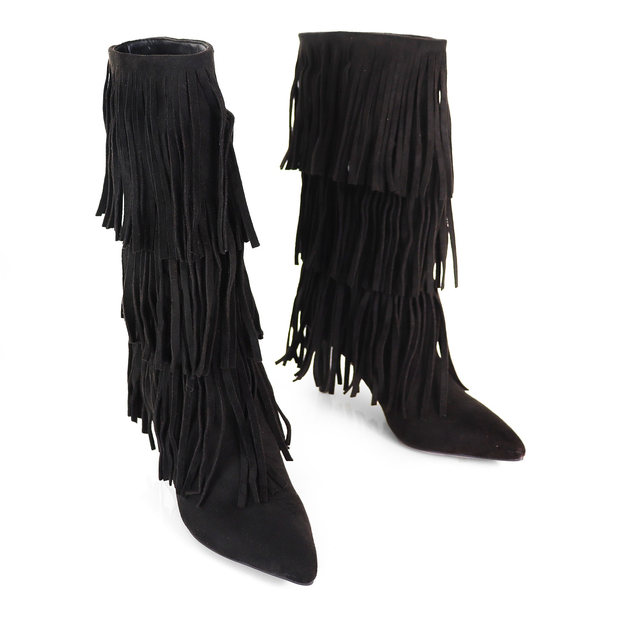 SHANNON-3 LAYER FRINGE BOOTS W/ HEEL BLACK