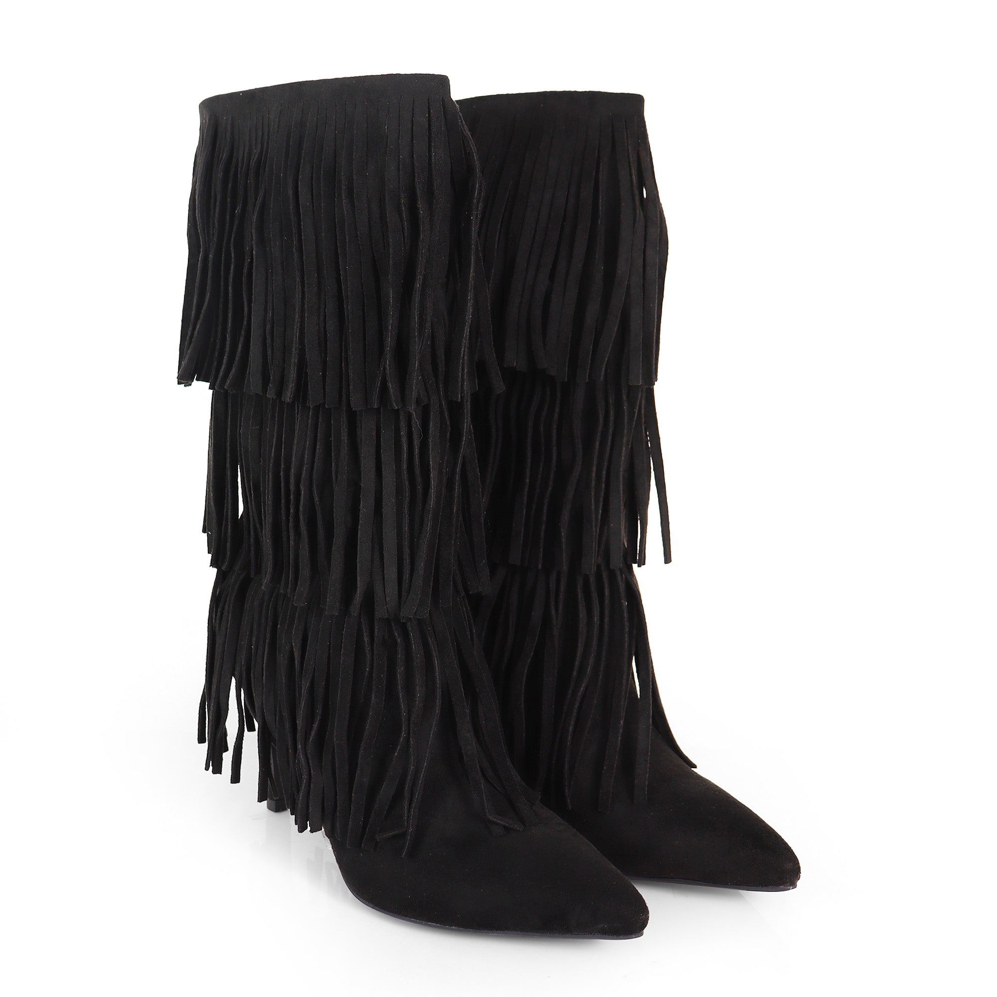 SHANNON-3 LAYER FRINGE BOOTS W/ HEEL BLACK