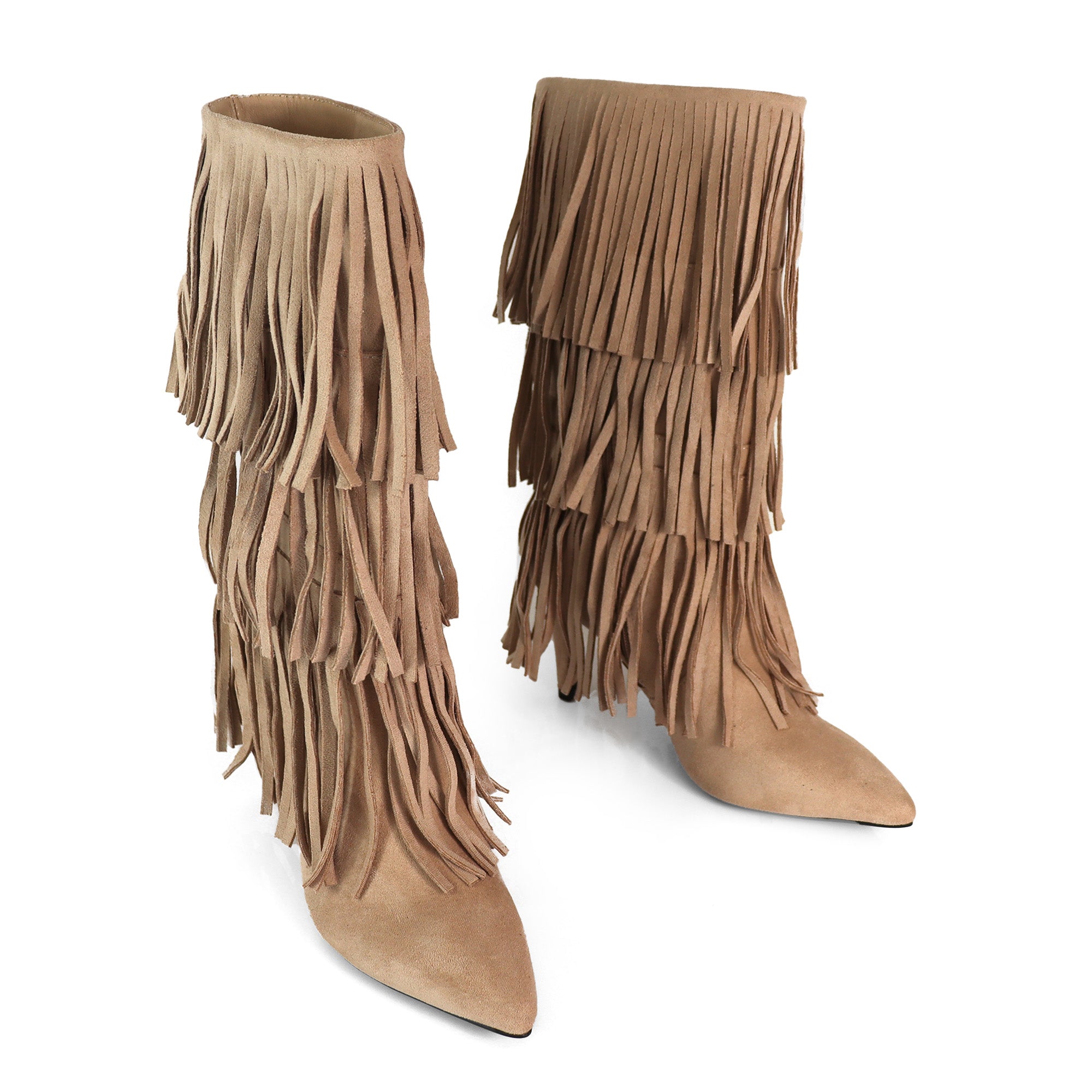 SHANNON-3 LAYER FRINGE BOOTS W/ HEEL TAUPE