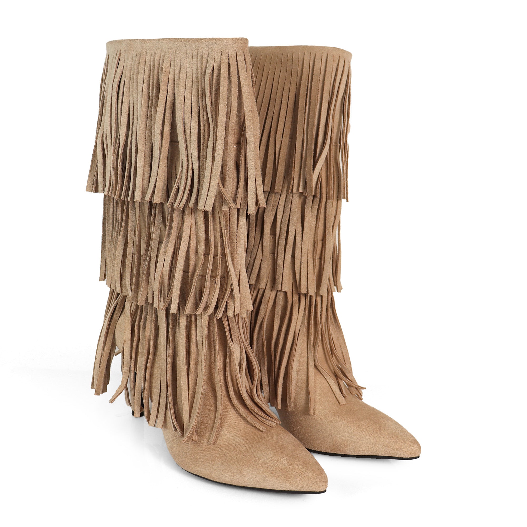 SHANNON-3 LAYER FRINGE BOOTS W/ HEEL TAUPE