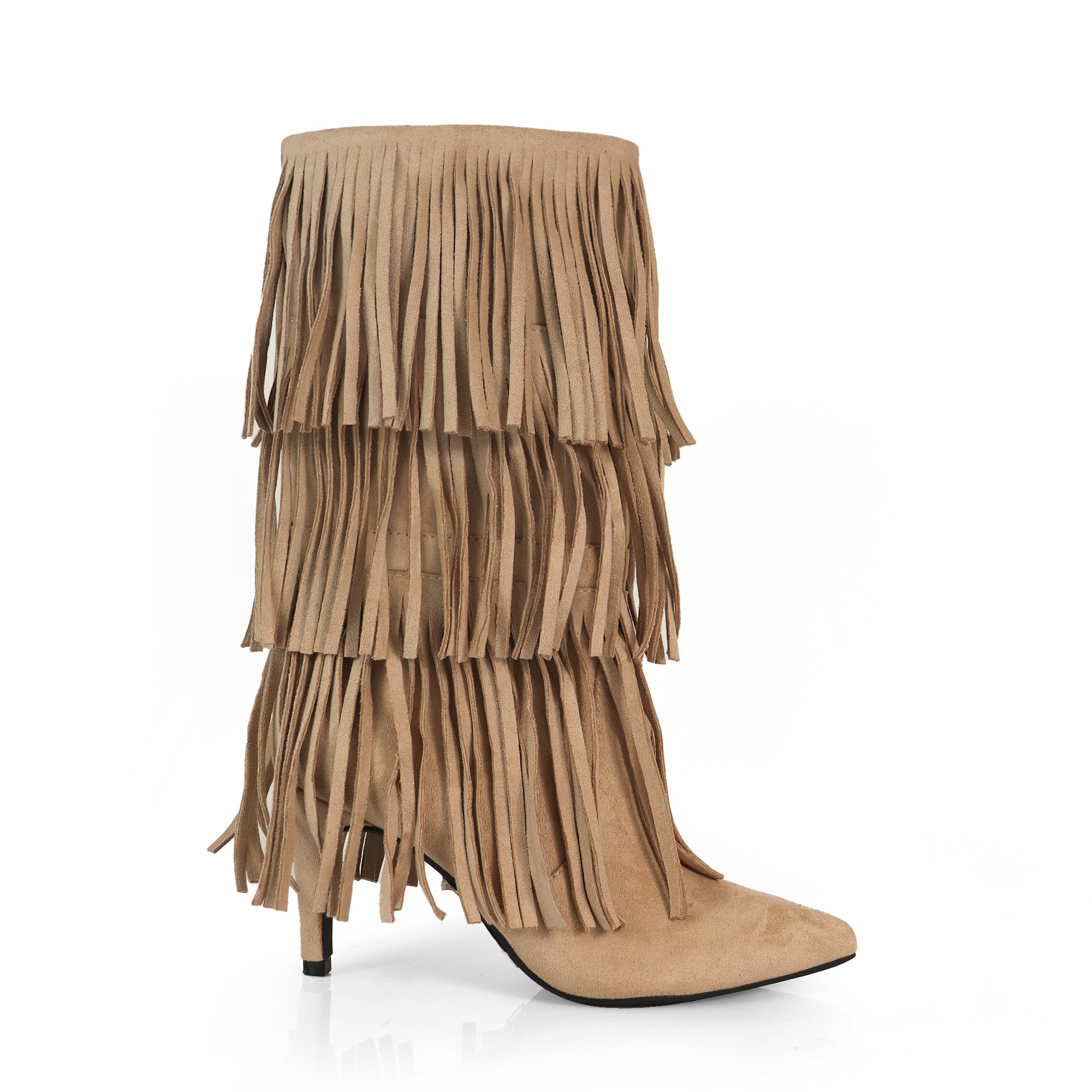 SHANNON-3 LAYER FRINGE BOOTS W/ HEEL TAUPE