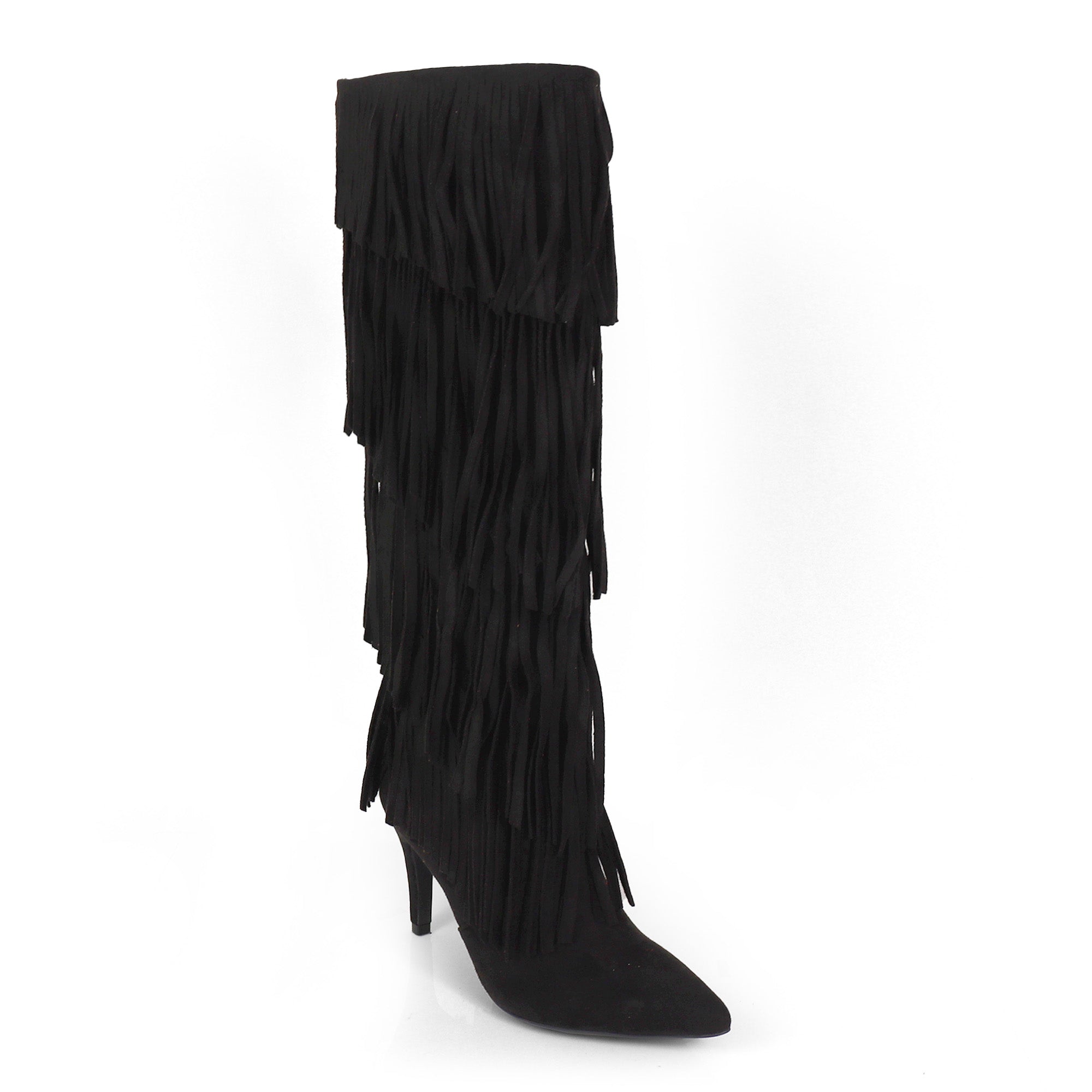 SHANNON-4 4 LAYER FRINGE BOOTS W/ HEEL BLACK