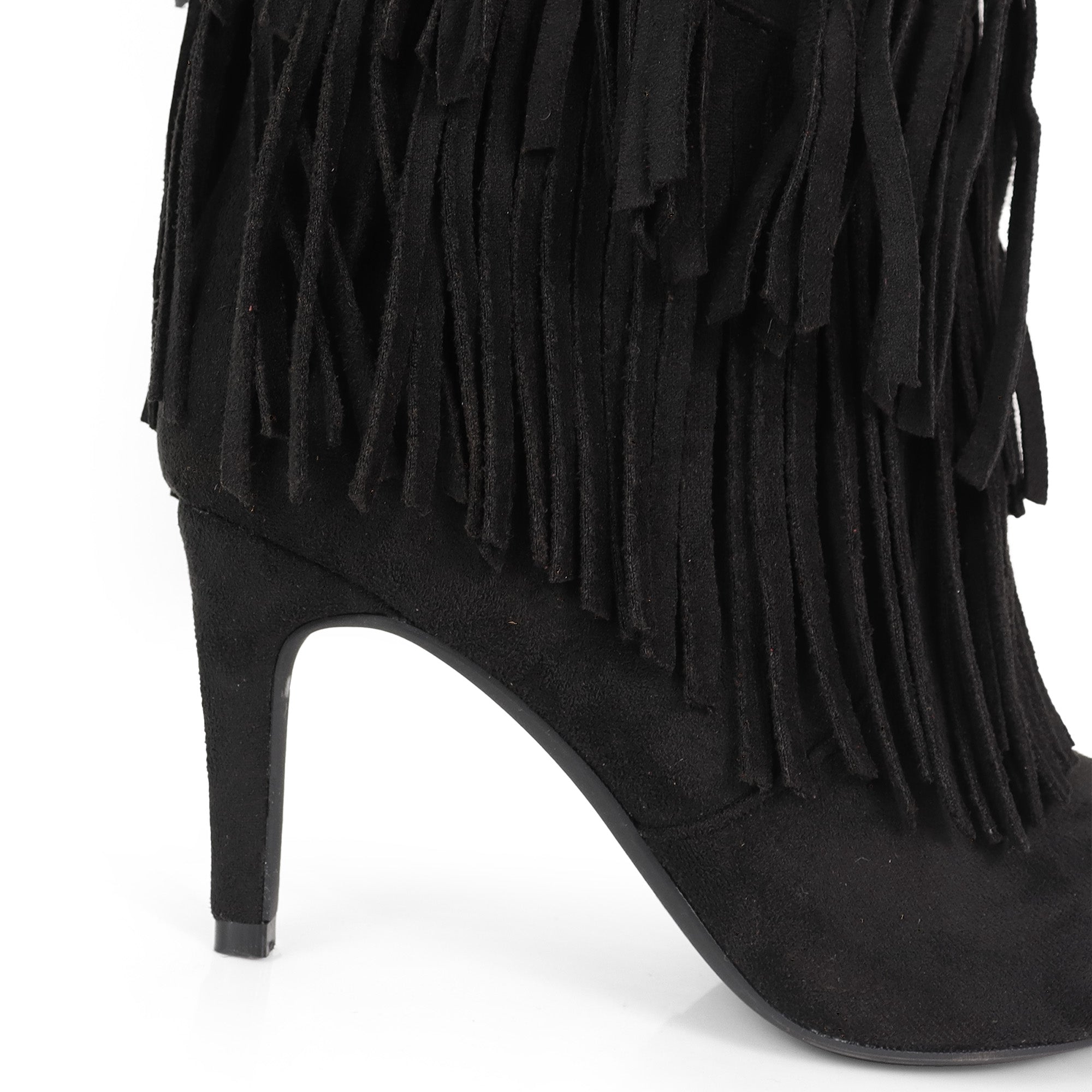 SHANNON-4 4LAYER FRINGE BOOTS W/ HEEL BLACK