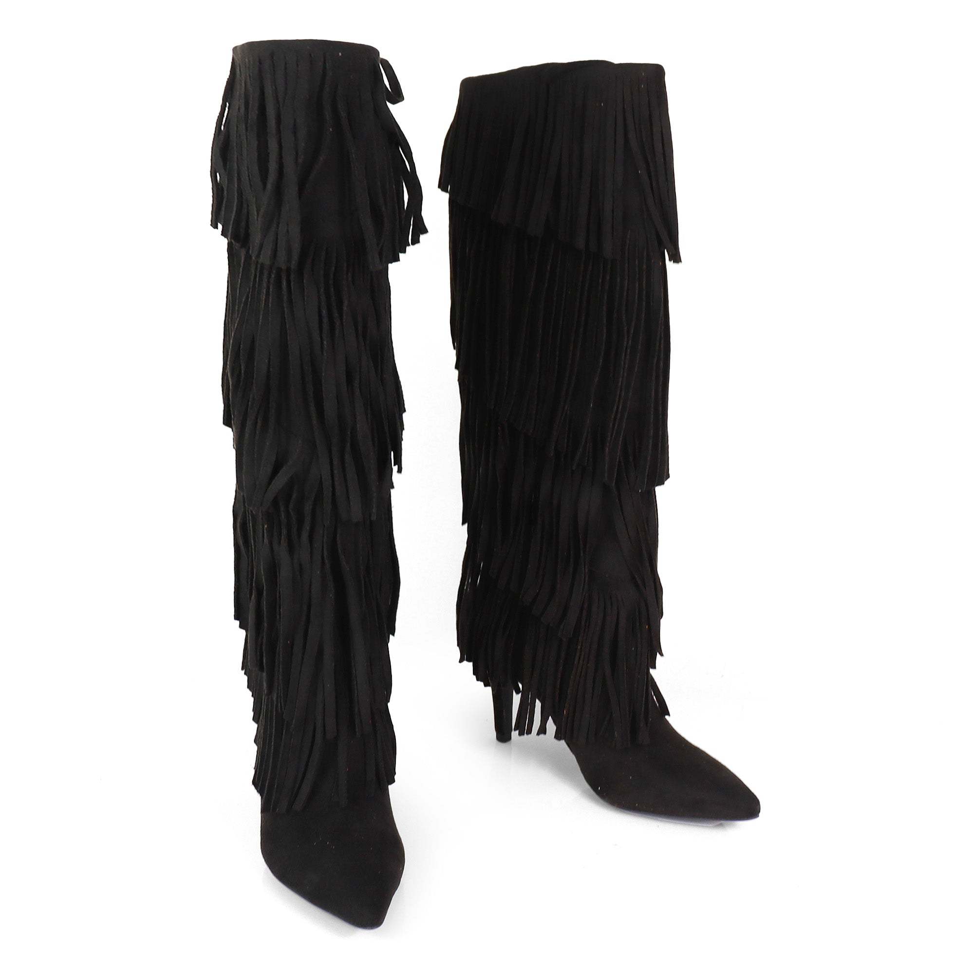 SHANNON-4 4 LAYER FRINGE BOOTS W/ HEEL BLACK