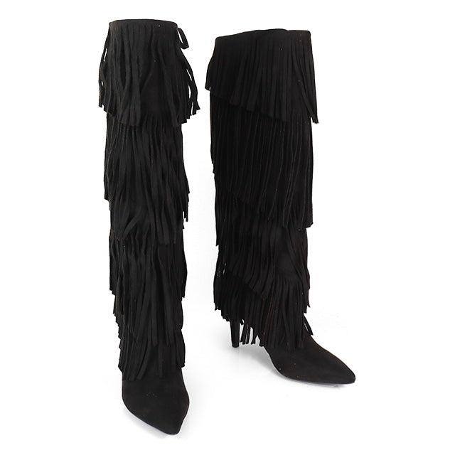 SHANNON-4 4 LAYER FRINGE BOOTS W/ HEEL BLACK