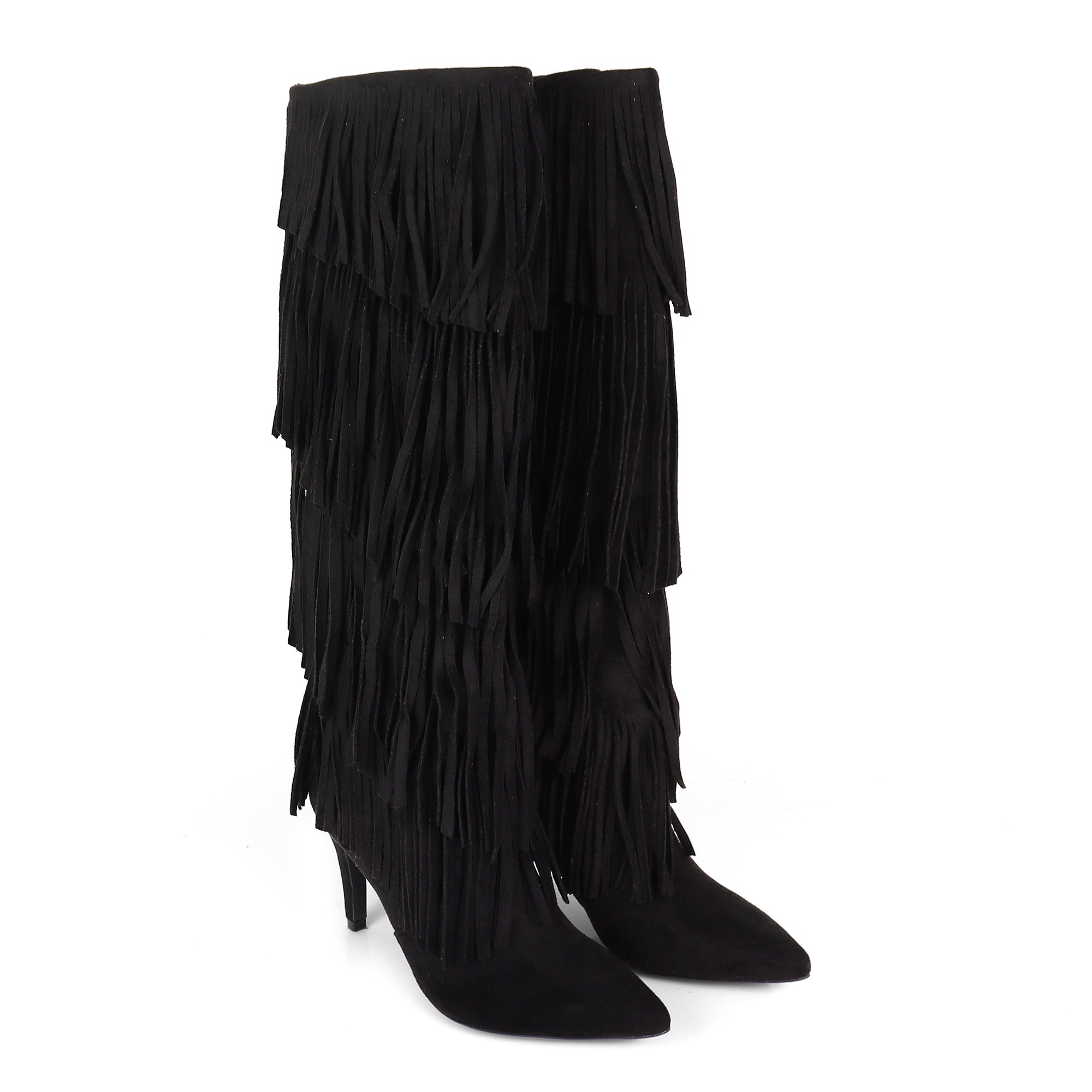 SHANNON-4 4 LAYER FRINGE BOOTS W/ HEEL BLACK