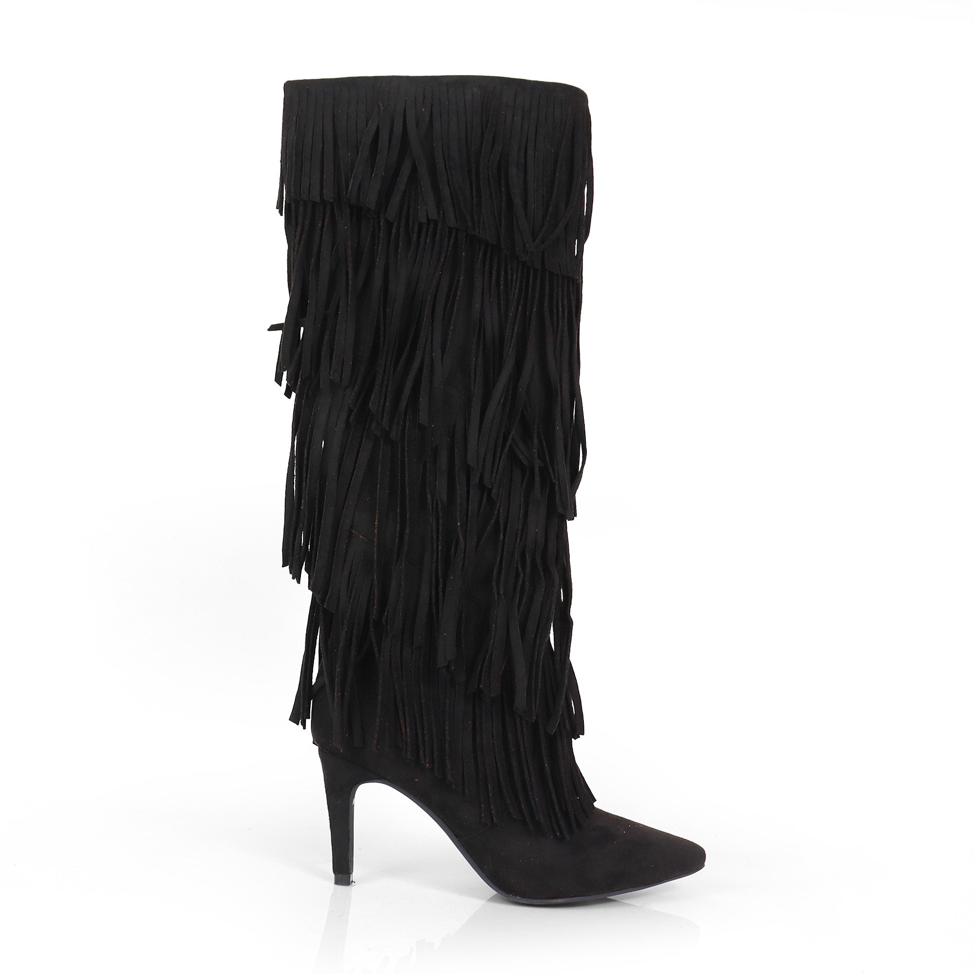 SHANNON-4 4LAYER FRINGE BOOTS W/ HEEL BLACK