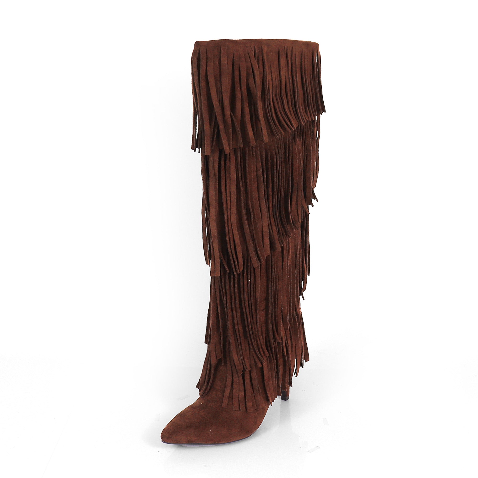 SHANNON-4 4 LAYER FRINGE BOOTS W/ HEEL CHOCOLATE