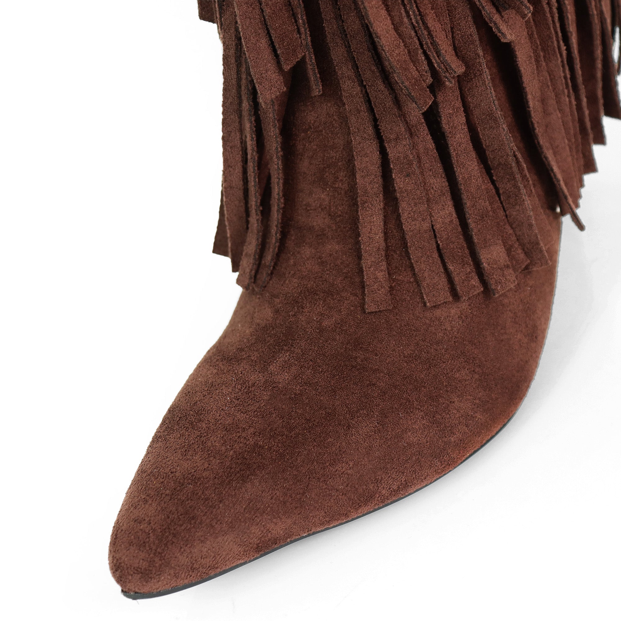 SHANNON-4 4 LAYER FRINGE BOOTS W/ HEEL CHOCOLATE