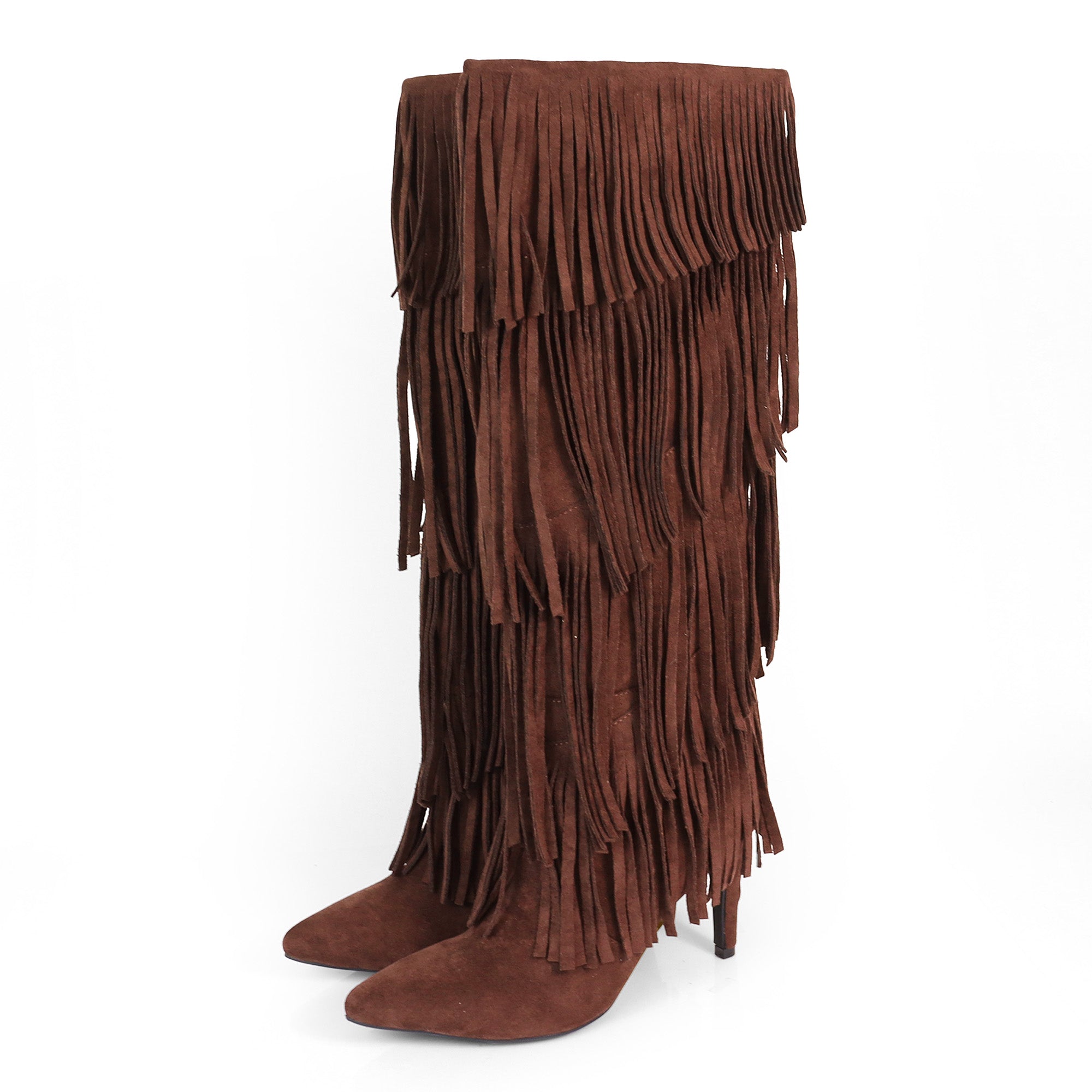 SHANNON-4 4 LAYER FRINGE BOOTS W/ HEEL CHOCOLATE
