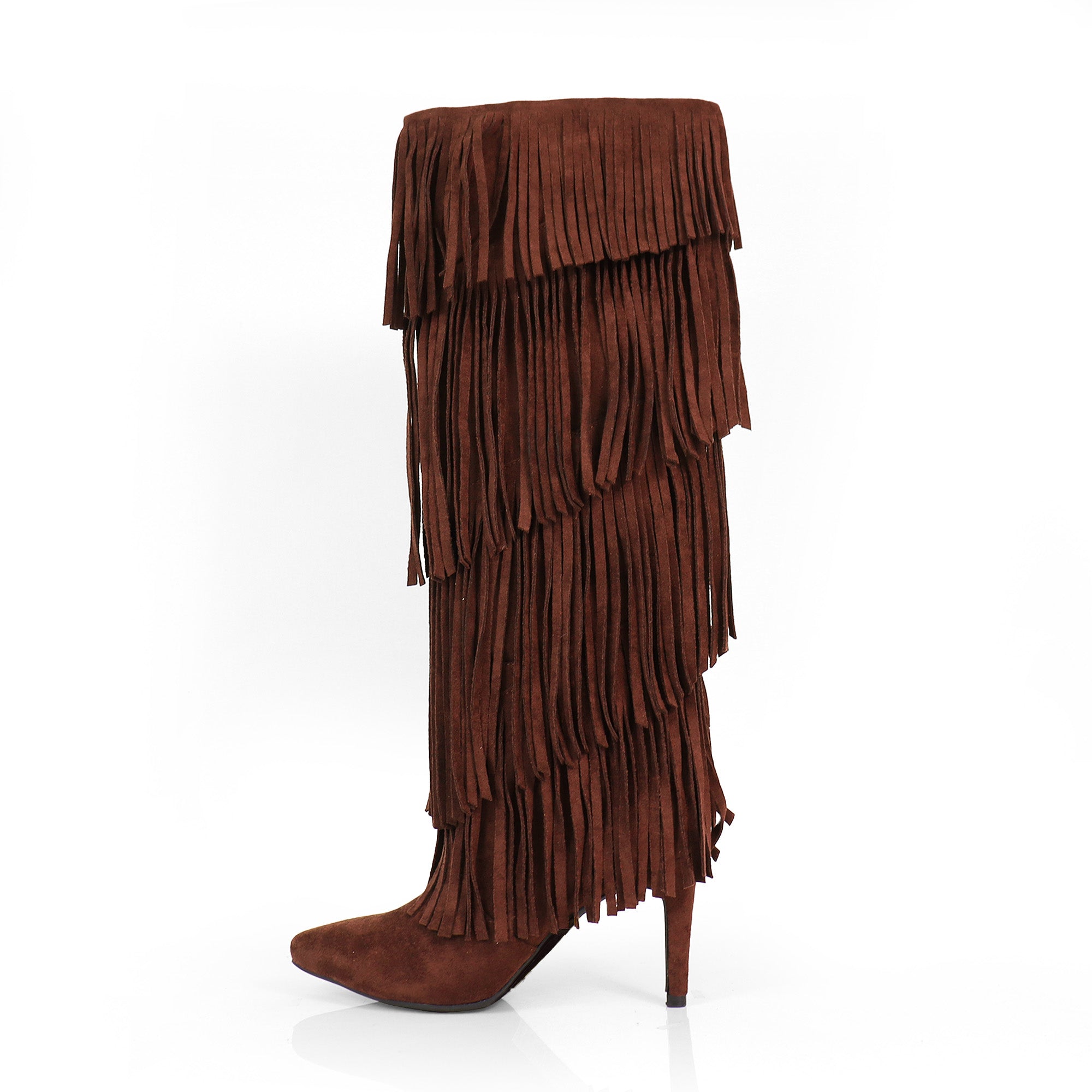 SHANNON-4 4 LAYER FRINGE BOOTS W/ HEEL CHOCOLATE