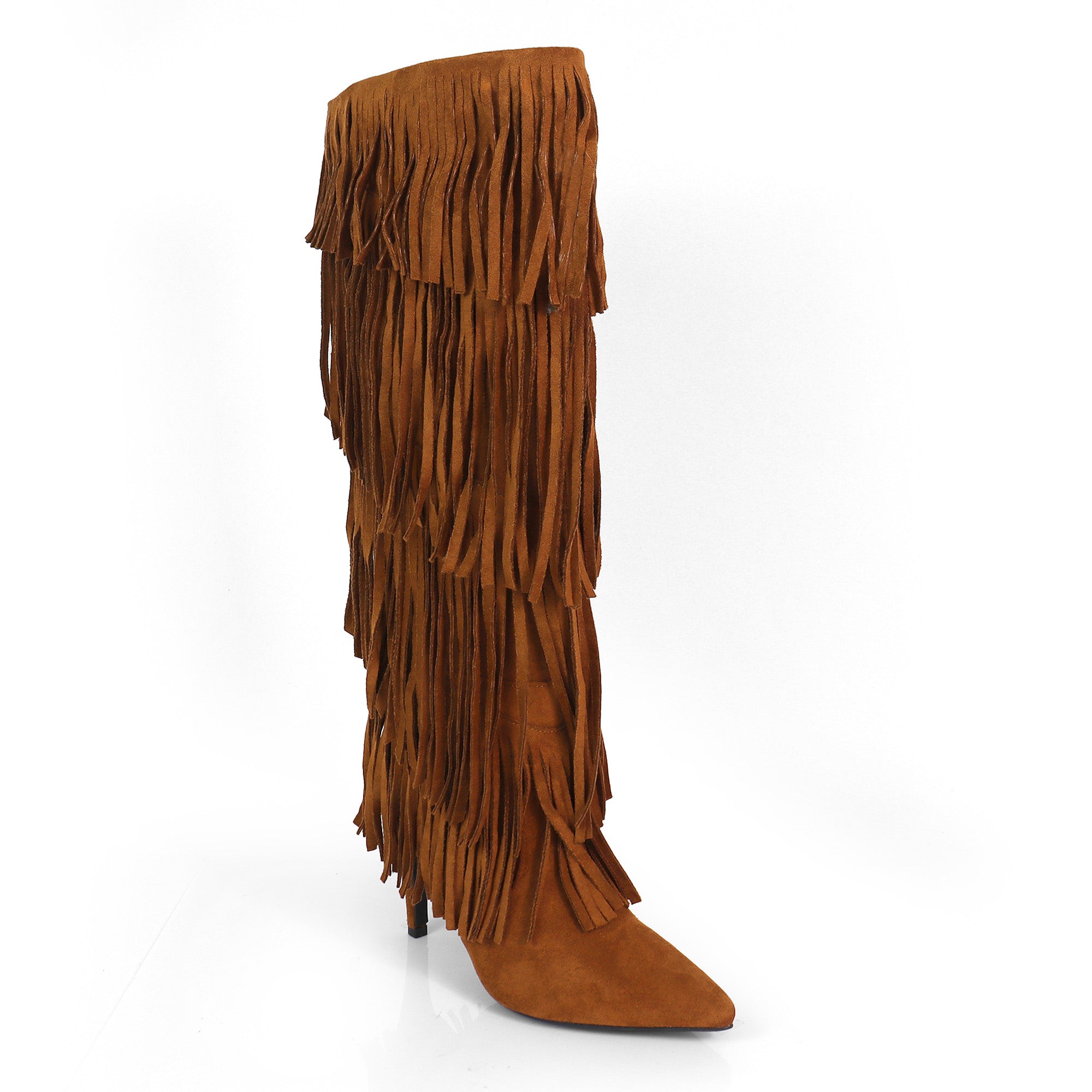 SHANNON-4 4 LAYER FRINGE BOOTS W/ HEEL TAN