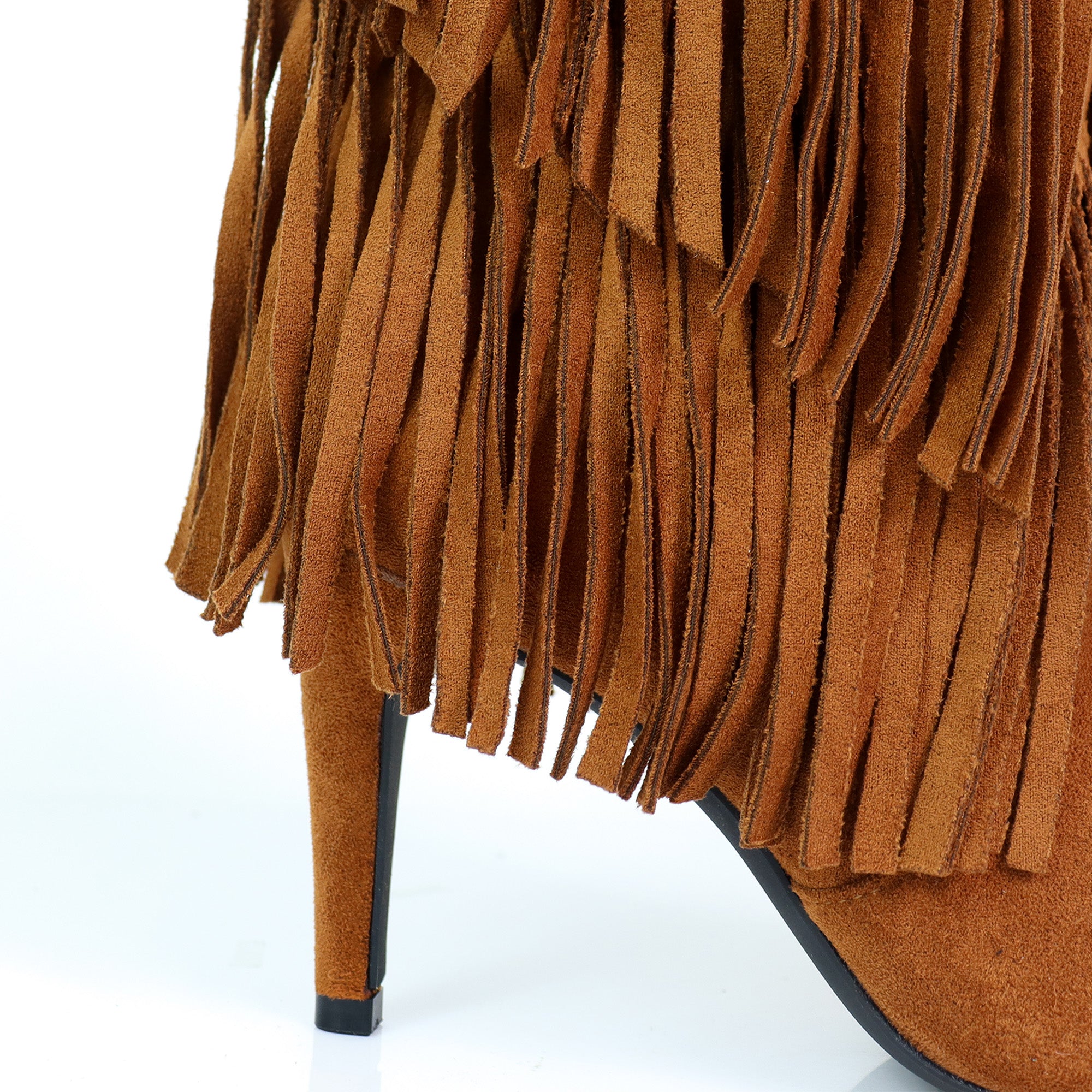 SHANNON-4 4LAYER FRINGE BOOTS W/ HEEL TAN