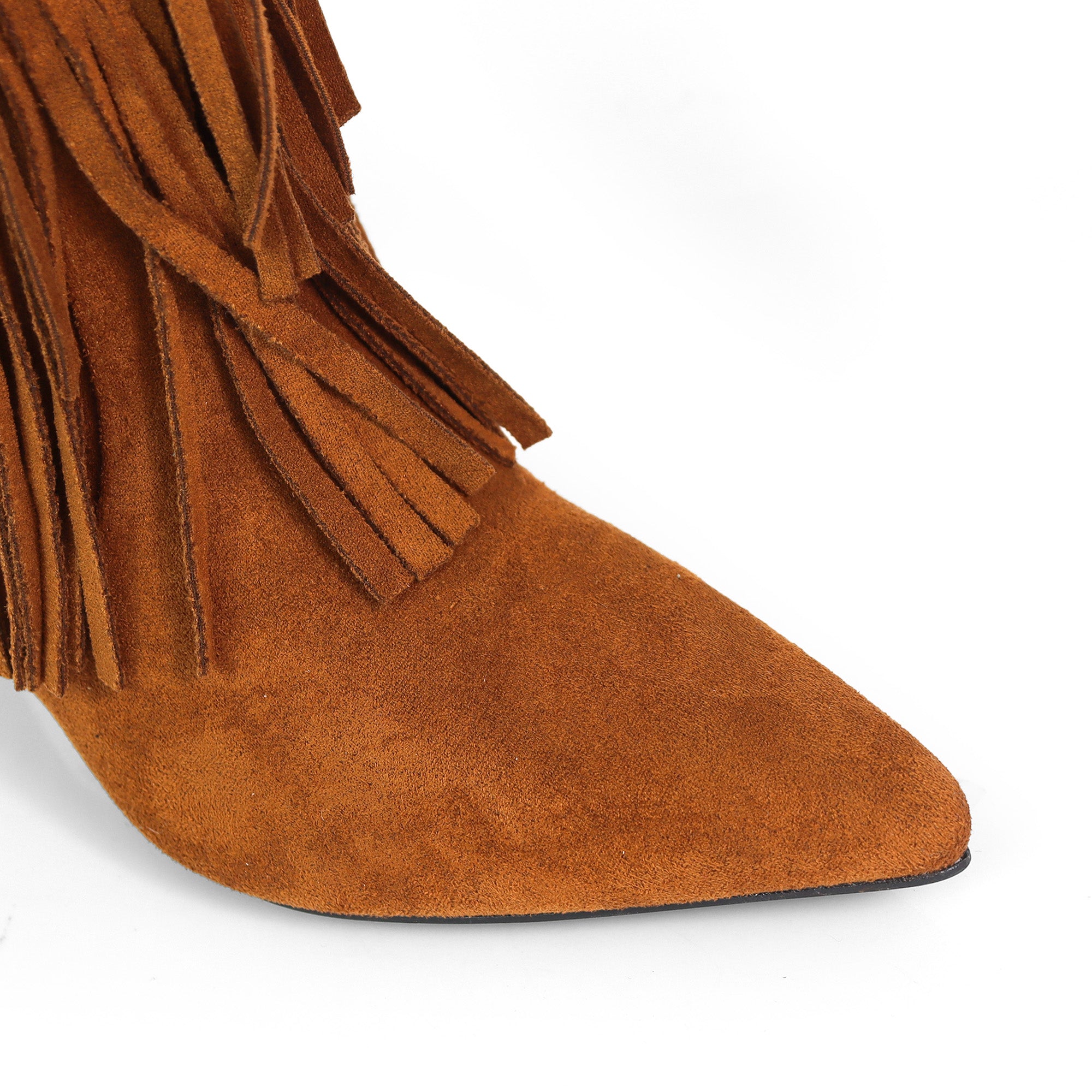 SHANNON-4 4LAYER FRINGE BOOTS W/ HEEL TAN