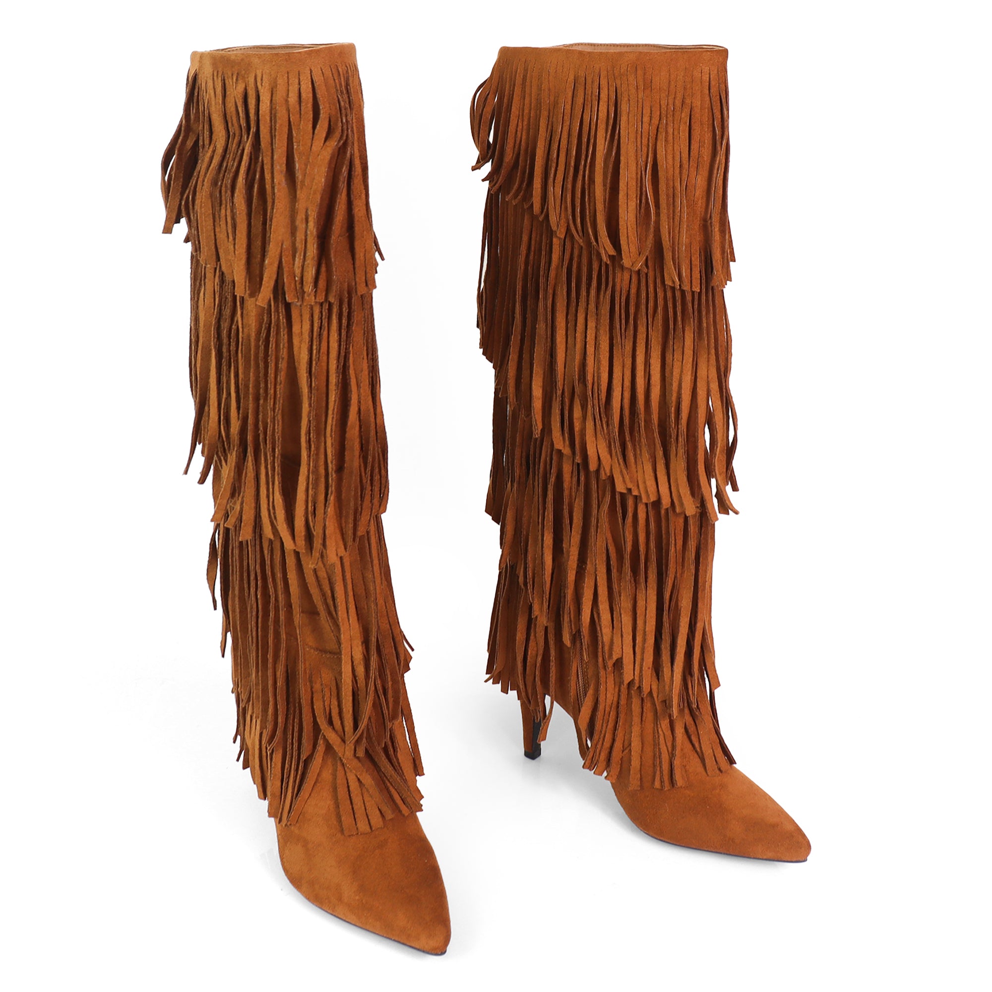 SHANNON-4 4 LAYER FRINGE BOOTS W/ HEEL TAN
