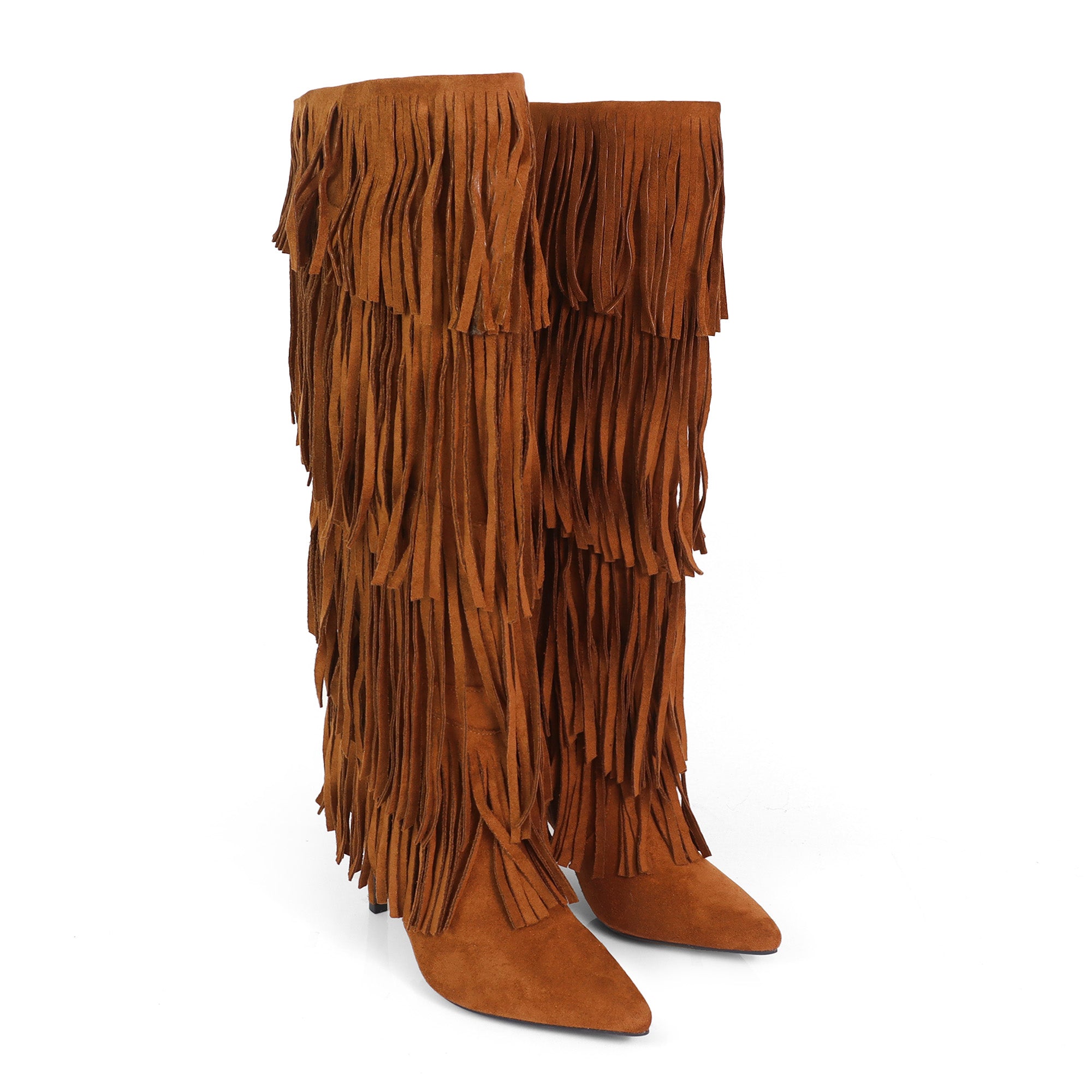SHANNON-4 4 LAYER FRINGE BOOTS W/ HEEL TAN