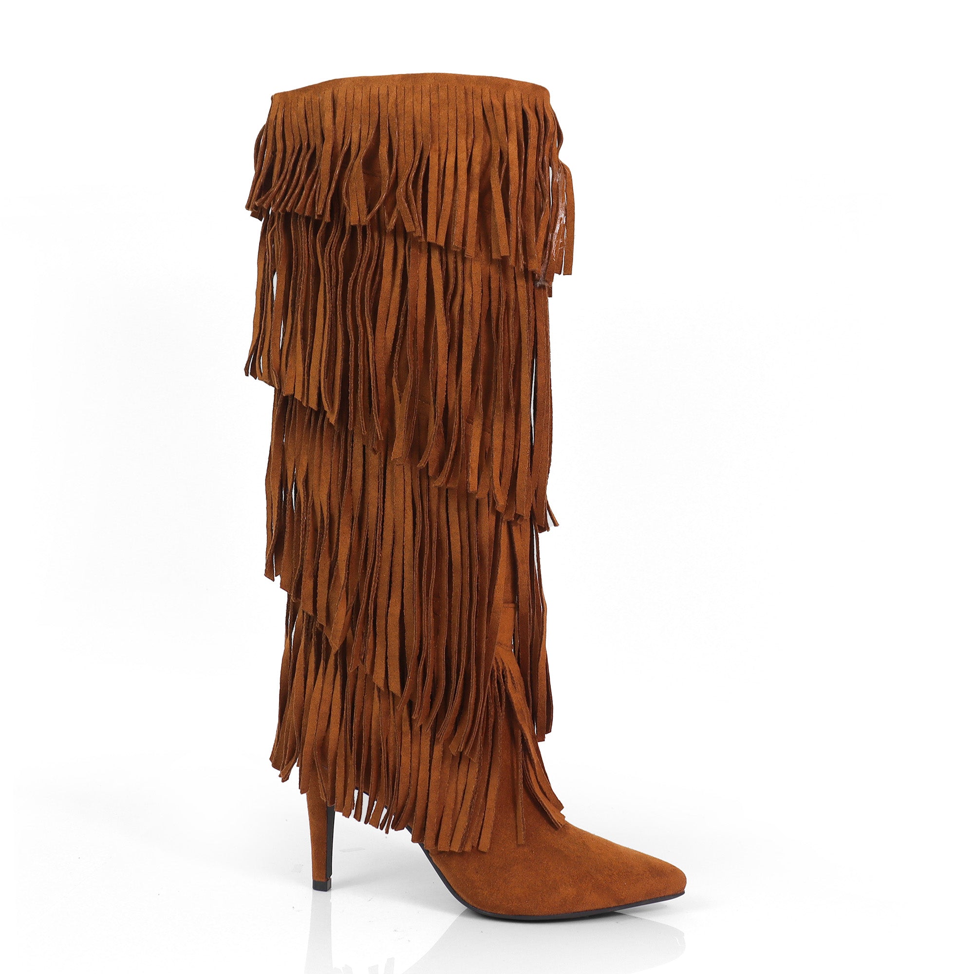 SHANNON-4 4LAYER FRINGE BOOTS W/ HEEL TAN