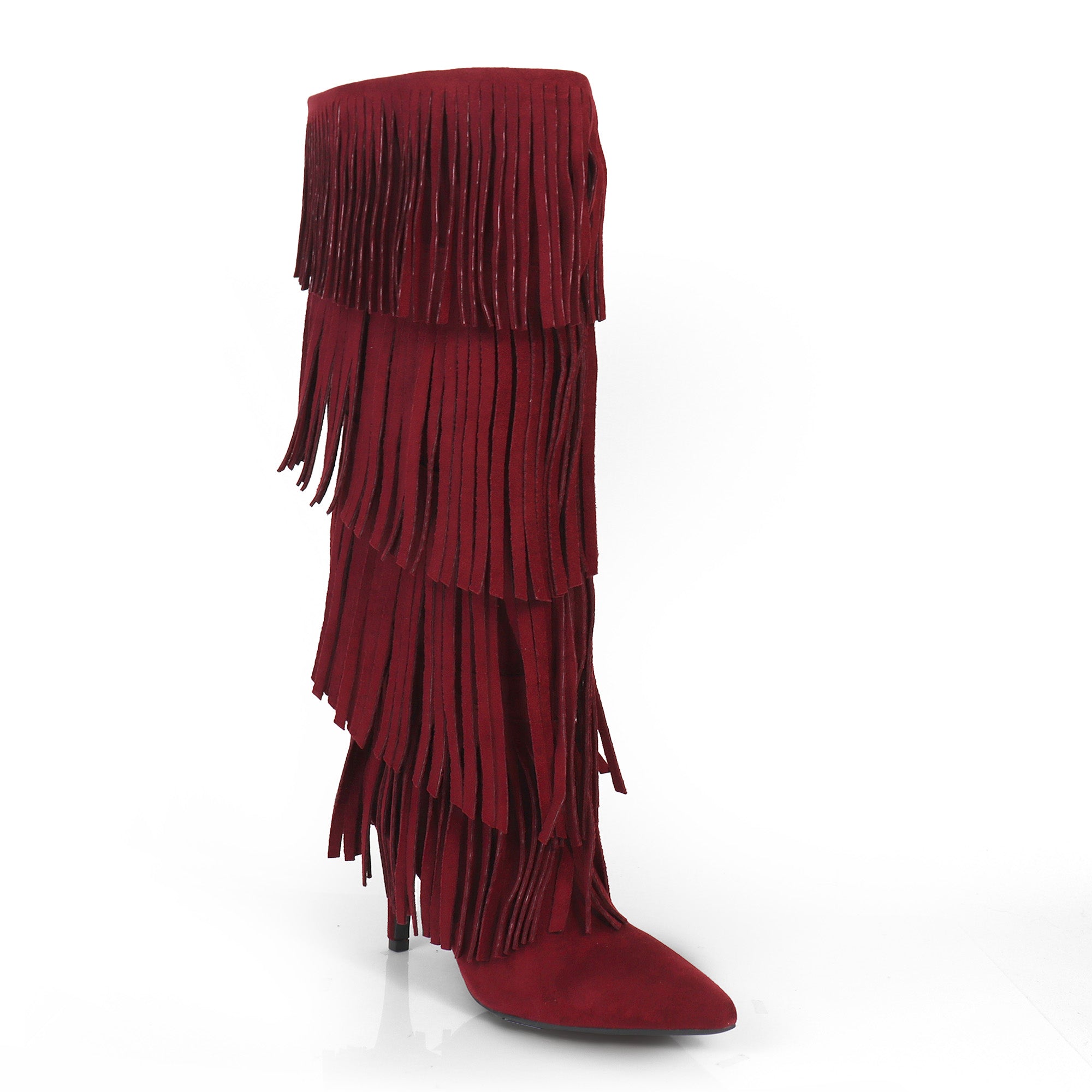SHANNON-4 4 LAYER FRINGE BOOTS W/ HEEL WINE