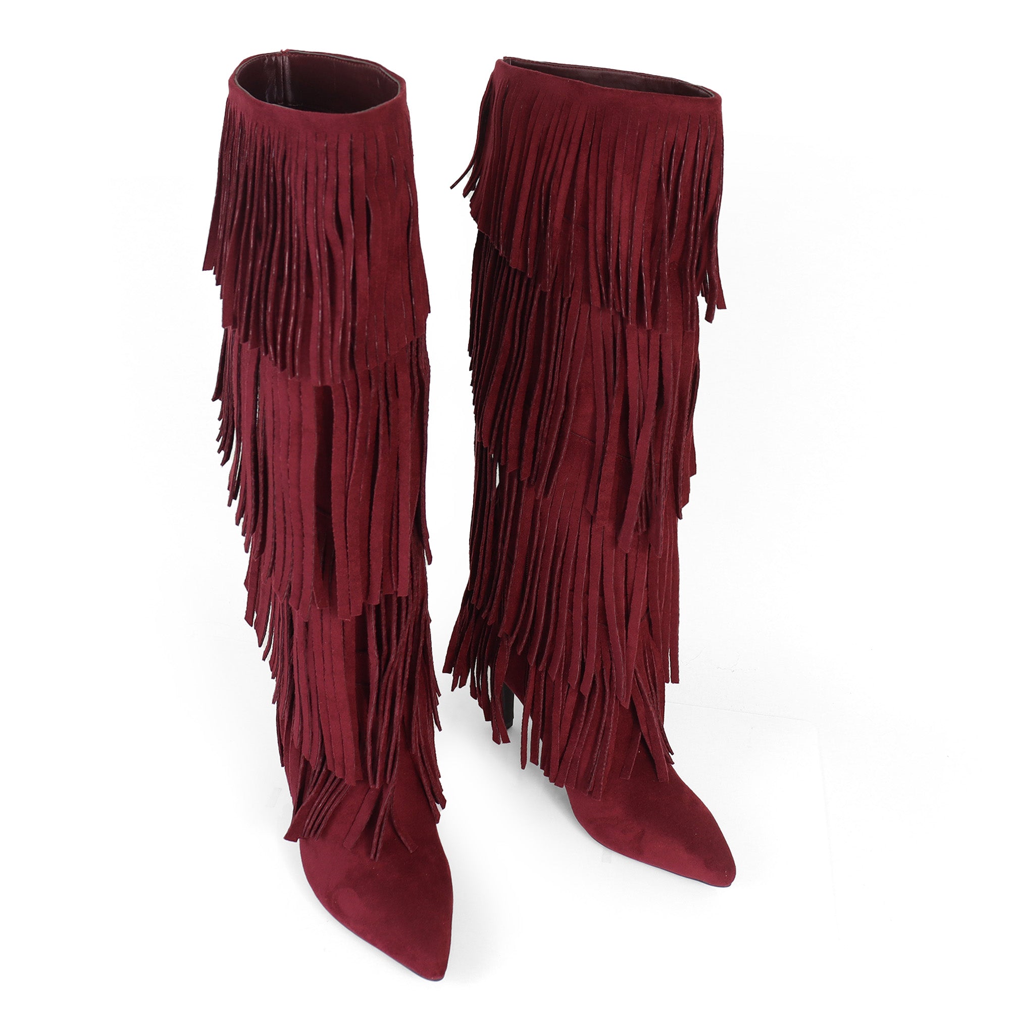 SHANNON-4 4 LAYER FRINGE BOOTS W/ HEEL WINE
