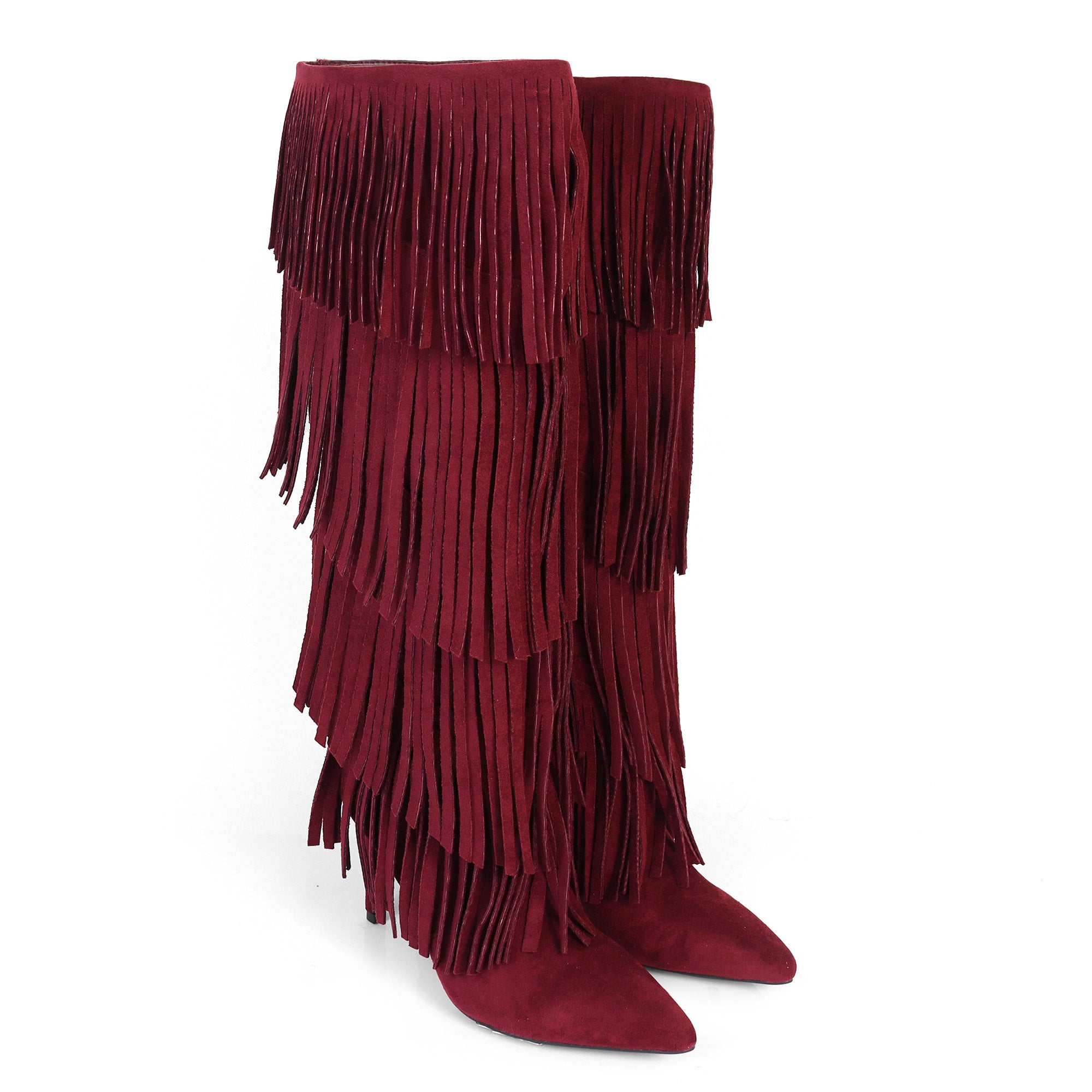 SHANNON-4 4 LAYER FRINGE BOOTS W/ HEEL WINE