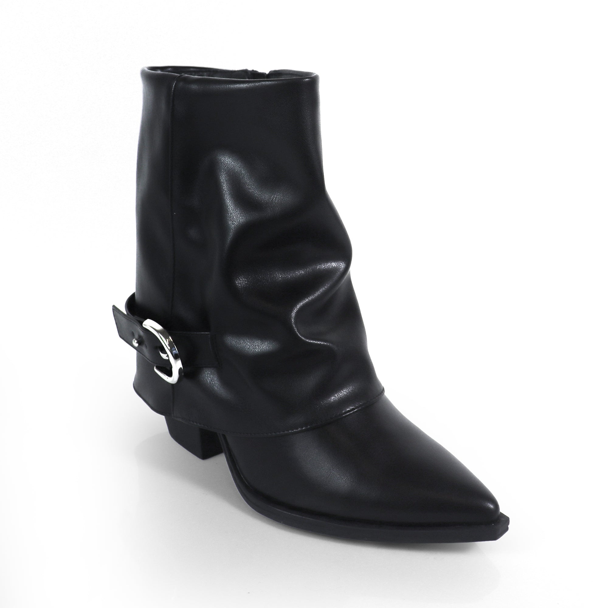 SHEILA-1  BELT BUCKLE FOLD BOOTIE BLACK