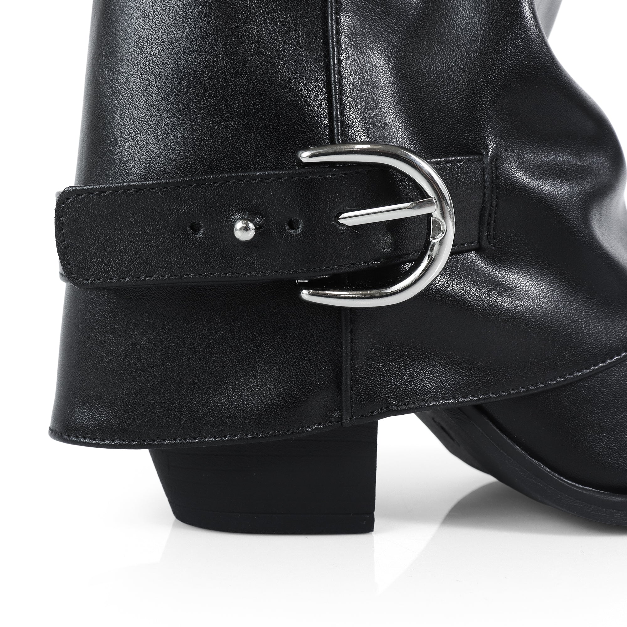 SHEILA-1  BELT BUCKLE FOLD BOOTIE BLACK
