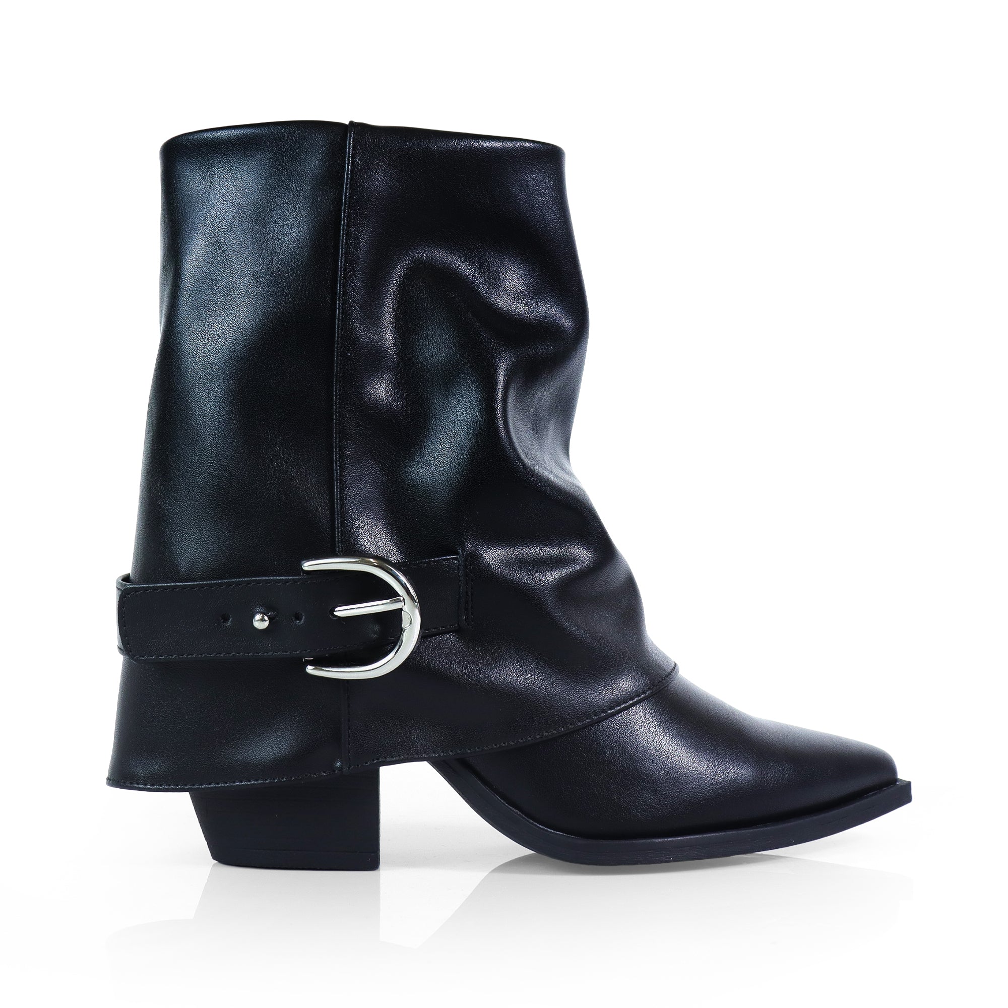 SHEILA-1  BELT BUCKLE FOLD BOOTIE BLACK