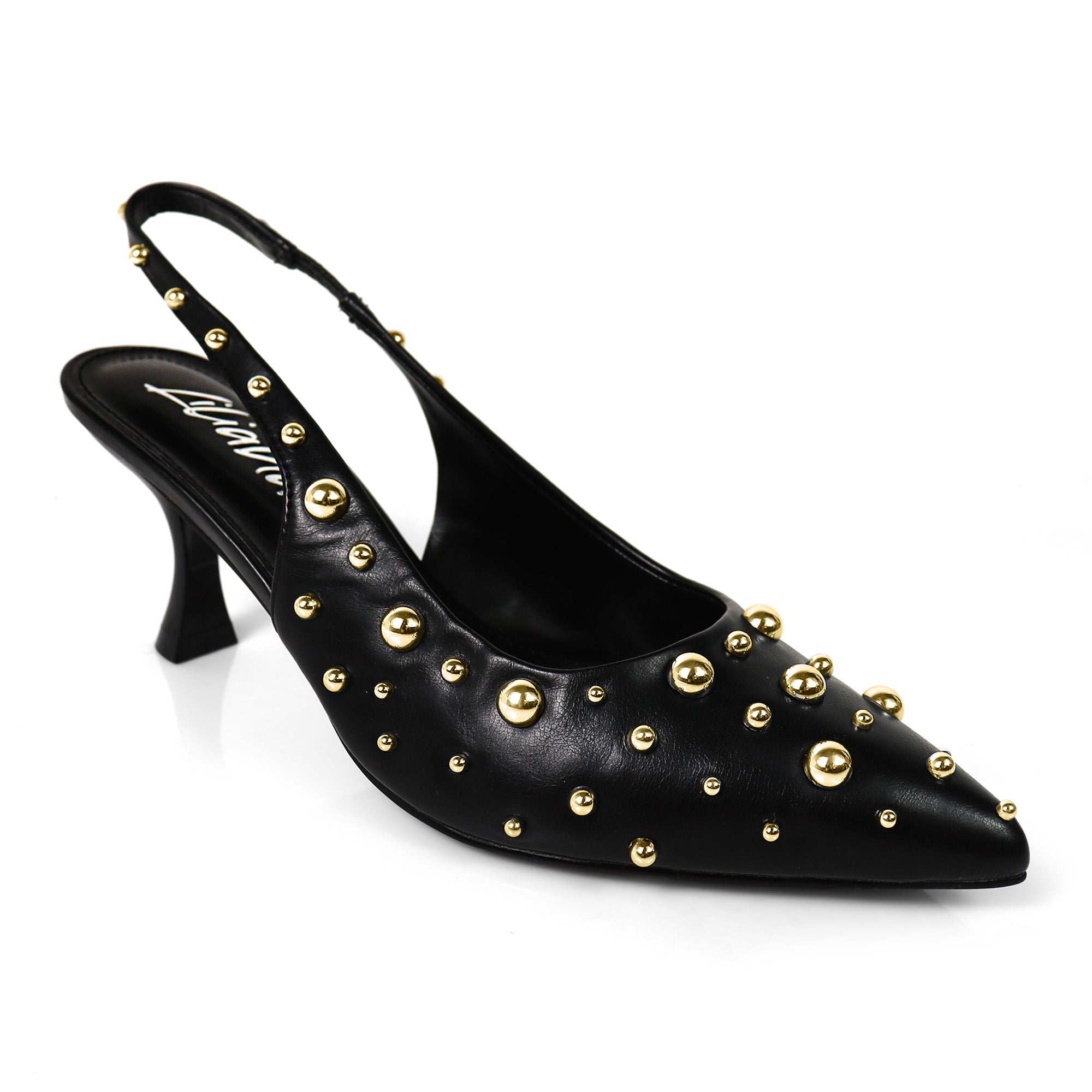 SHERRY-1 POINTY TOE STUDDED KITTEN HEEL BLACK
